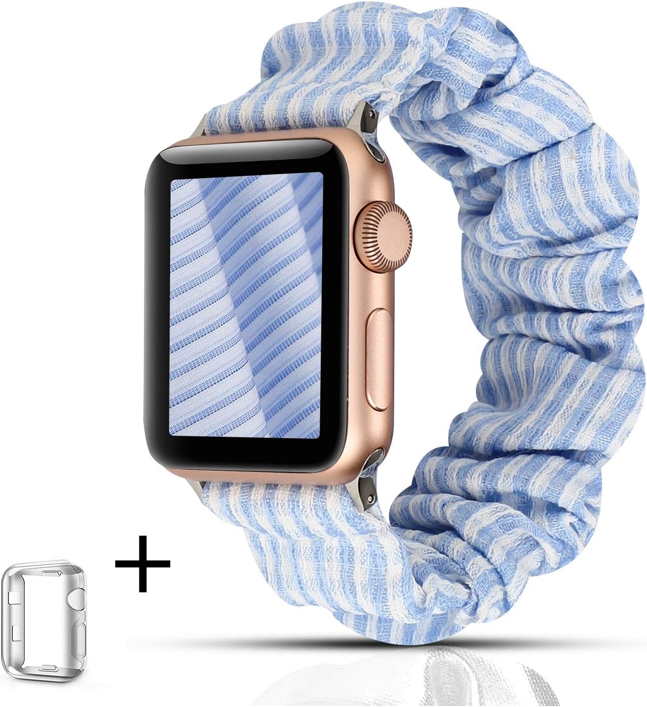 Scrunchie Watch Band Compatible for Apple Watch Band 38mm 40mm,Cute Elastic Wristbands Replacement for iwatch Series 5 4 3 2 1 (Blue Strips+Series 4/5 case, 38/40mm)