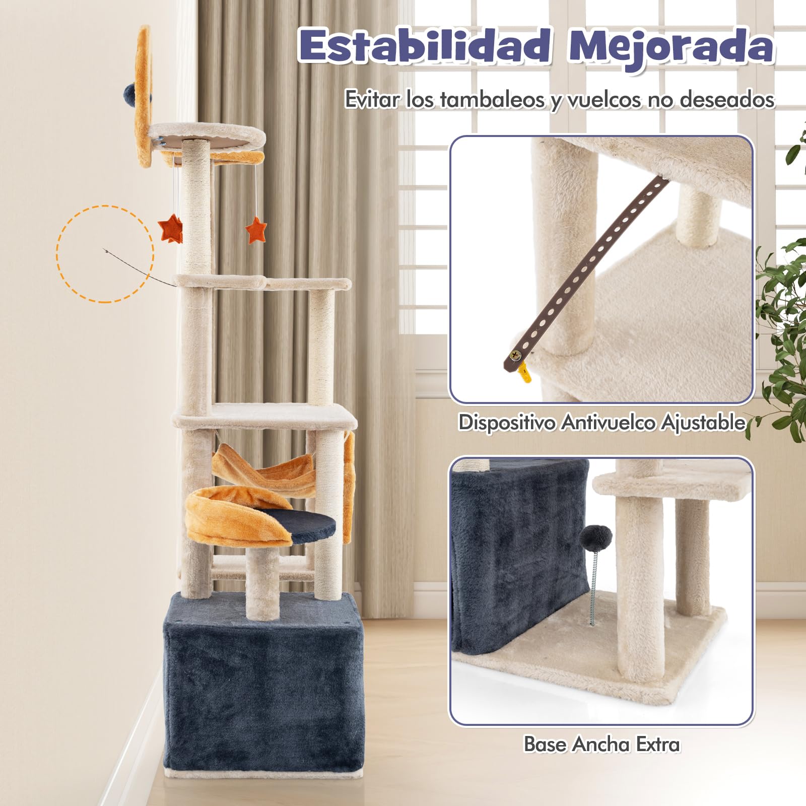COSTWAY Árbol Rascador para Gatos, Altura 160cm, Rascador para Gatos de Varios Niveles con Postes de Sisal y Tablero, Condo, Plataforma y Perchas, Juguetes Colgantes, Tela de Felpa, Torre para Gatitos