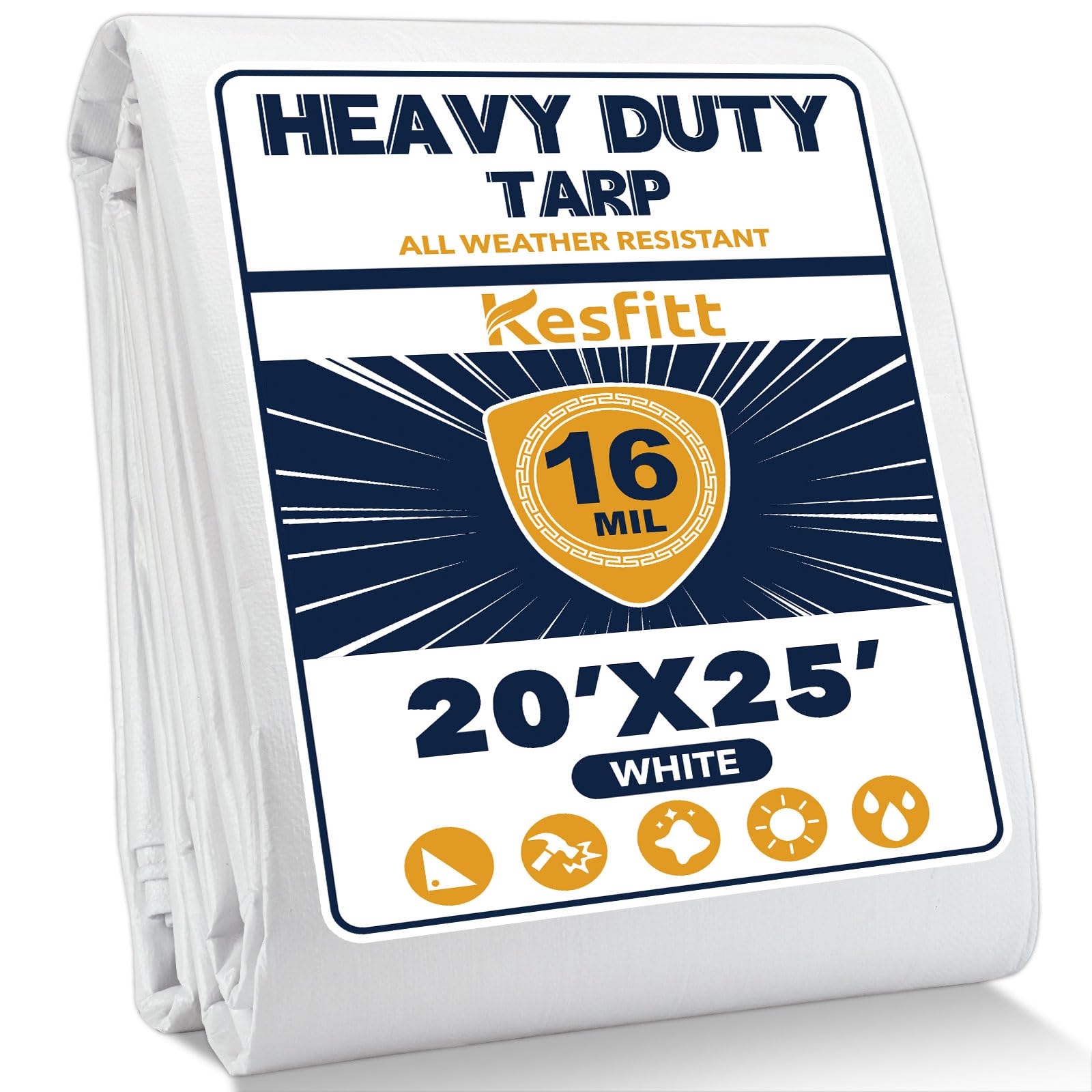 kesfitt 16 mil heavy duty waterproof white tarp, 20x25 ft, 100% virgin polyethylene, reinforced grommets, uv resistant outdoor tarp for storm protection, equipment cover & backyard use