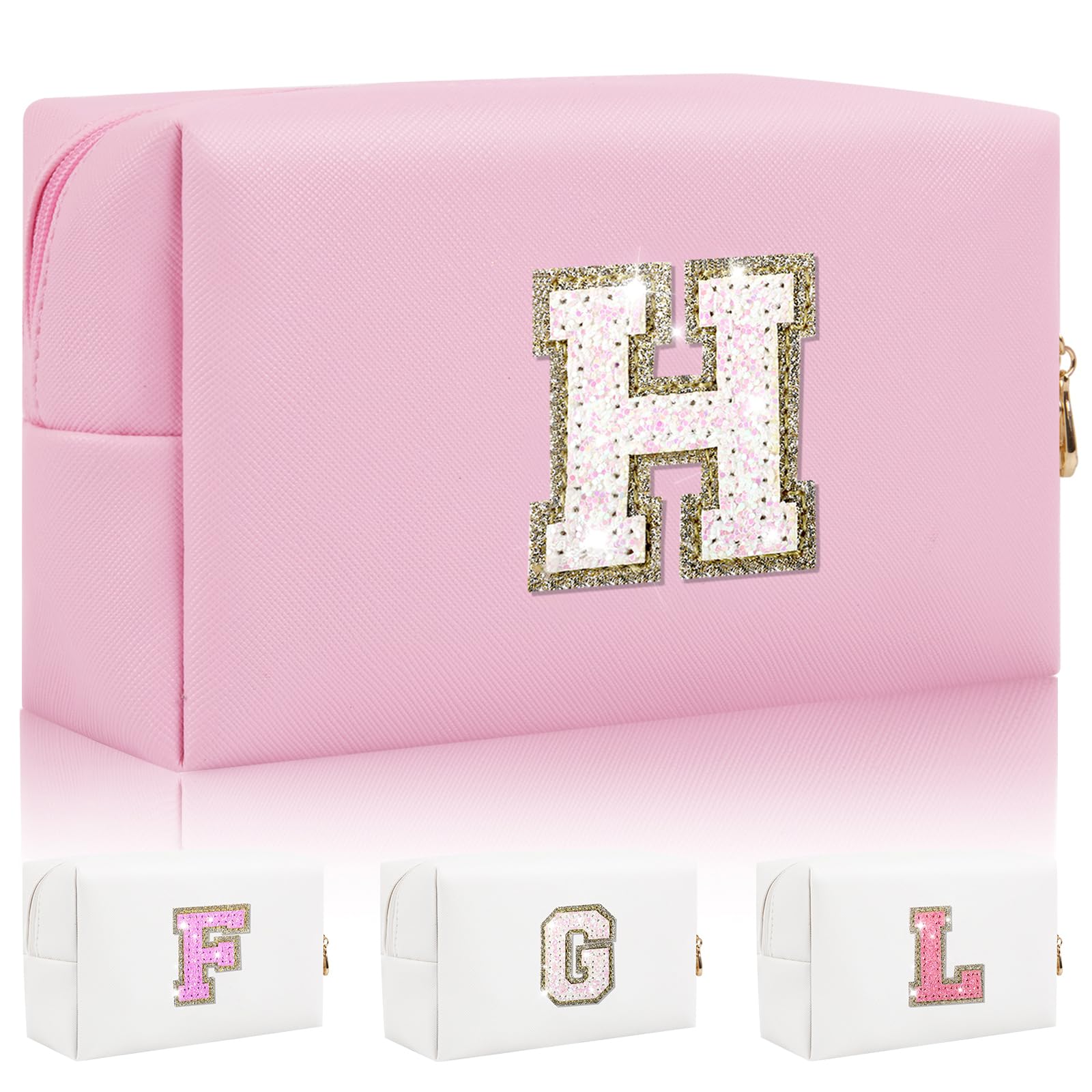 Personalized Initial Makeup Bag, Small Glitter Letter Patch Cosmetic Pouch Zipper, Preppy Makeup Organizer PU Waterproof Travel Toiletry Bag,