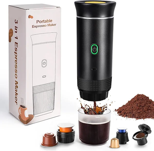 Nsyee Electric Espresso Machine, 3 In 1 Portable Coffee Maker for Travel, 4-6 min Self-Heating, Compatible with Ground Coffee & Large Capsules, Small Capsules, for Hiking, Camping, RV, Office (Black)