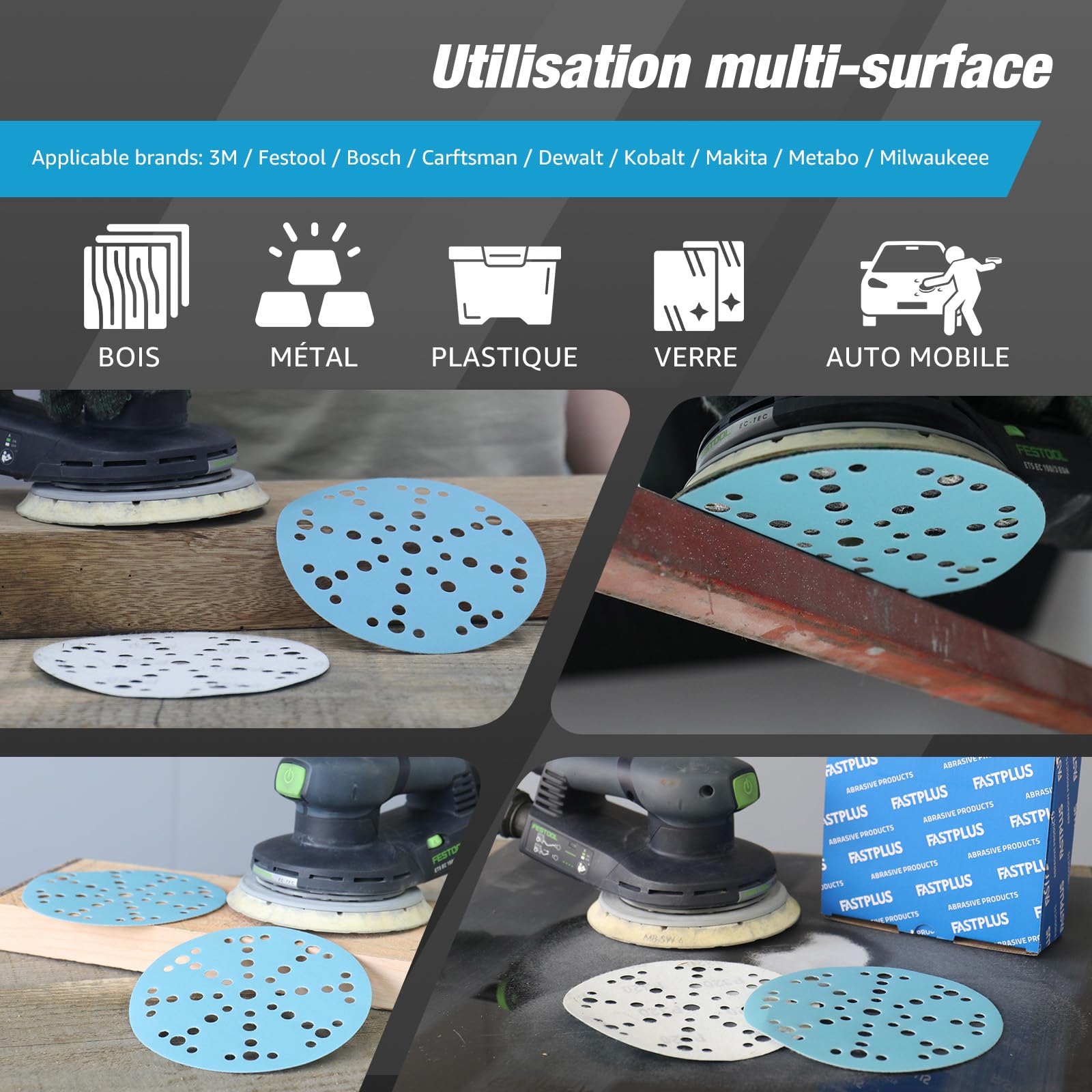 Disques Abrasifs 150mm 49 Trous Grain 40 Céramique Bleu Papier à Poncer Anti-Poussière Dos Disque de ponçage pour dépoussiérage bois métal voiture
