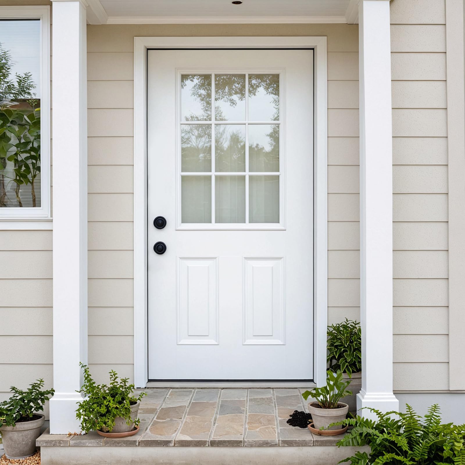 Fiberglass Entry Door with Brickmould, Right Hand Inswing, 36 x 80, White Oak Wooden Grain Knock-Down Door, 4-9/16 in.Vinyl Frame,9 Lite Low-E Glass - Primed Front Door for Home's Front Entrance