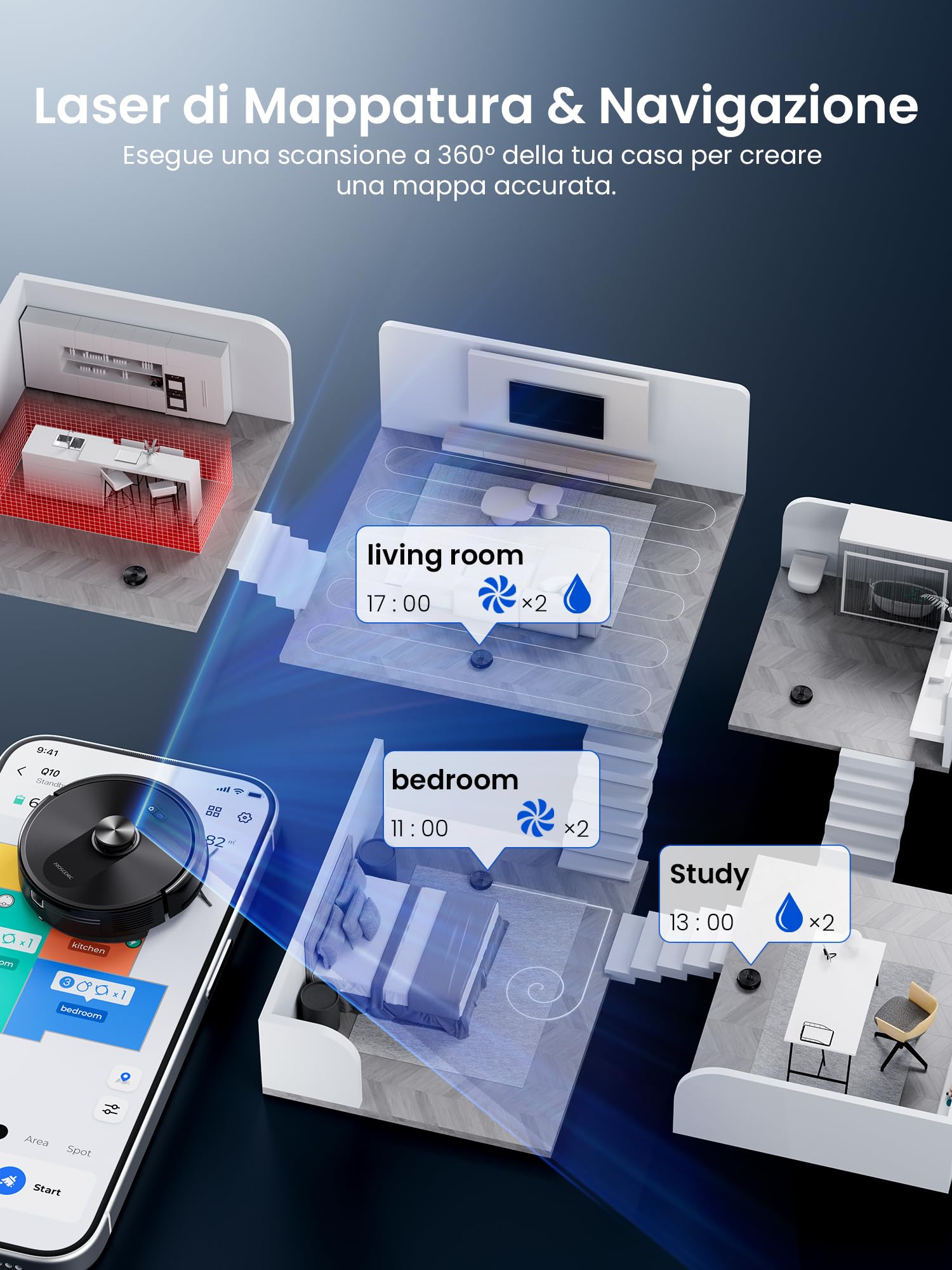 Proscenic Q10 Robot Aspirapolvere Lavapavimenti con Mappatura, Robot Pavimenti 8000Pa 200min, LiDAR Intelligente, Controllo APP/Alexa/WiFi/Siri/IFTTT, Ideale per Pulizia Domestica/Peli Animali