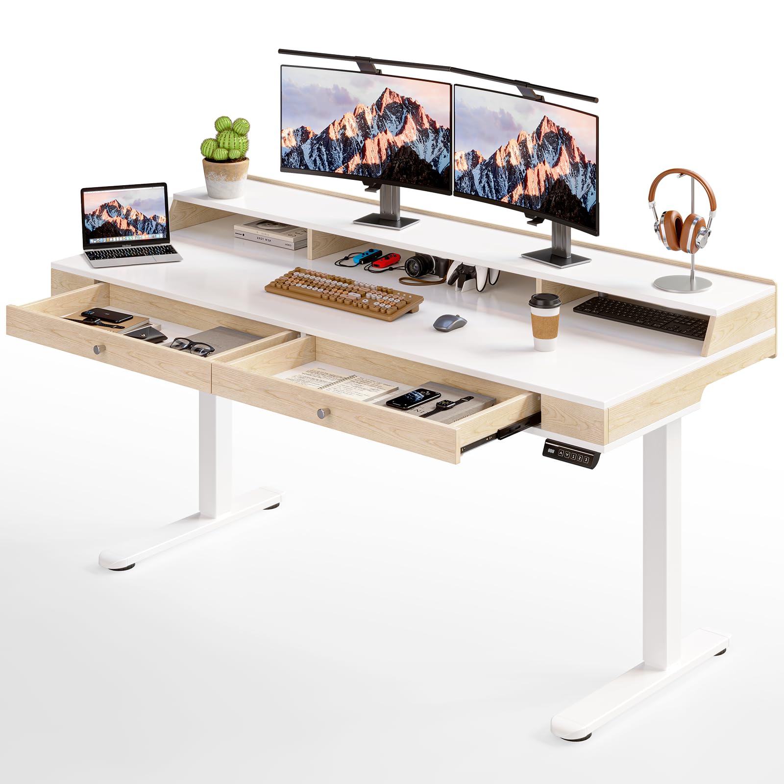 ONBRILL Standing Desk with Drawers, 63x23.6 Inch Electric Stand Up Desk with Storage Shelf and Memory Controller, Sit Stand Desk Adjustable Height
