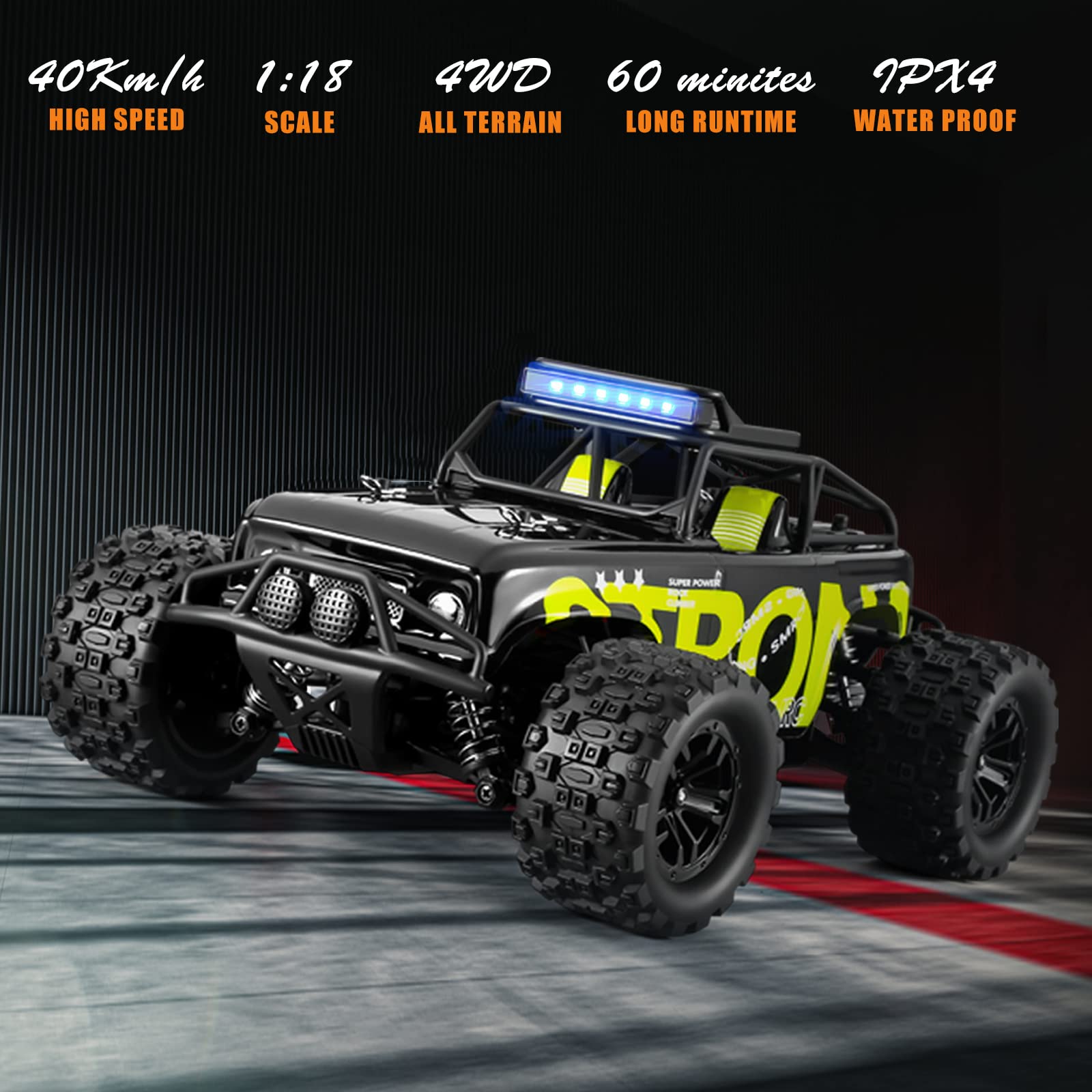 Zdalnie sterowany samochód 1:18 RC Car, 4WD RC samochód terenowy, 40 km/h, szybki samochód wyścigowy, 2,4 GHz RC z 2 akumulatorami do 60 minut pracy, zabawka dla dzieci i dorosłych