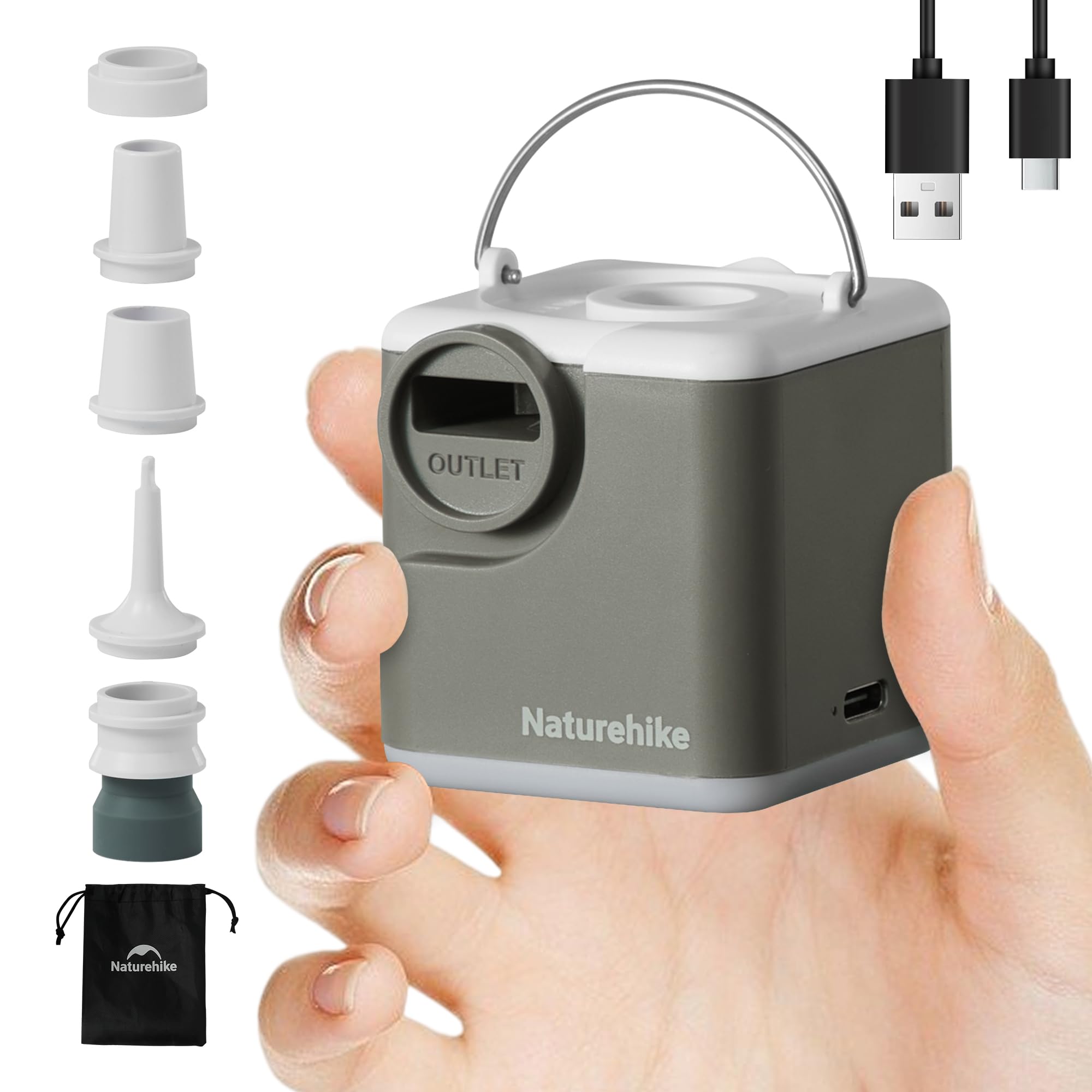 Naturehike Wind-Mini 1600 mAh Pompe à air à Batterie Rechargeable USB-C Mini Pompe à air de Camping Pompe à air électrique portative éclairée Pompe à air sur Coussin d'air avec 6 Buses d'air