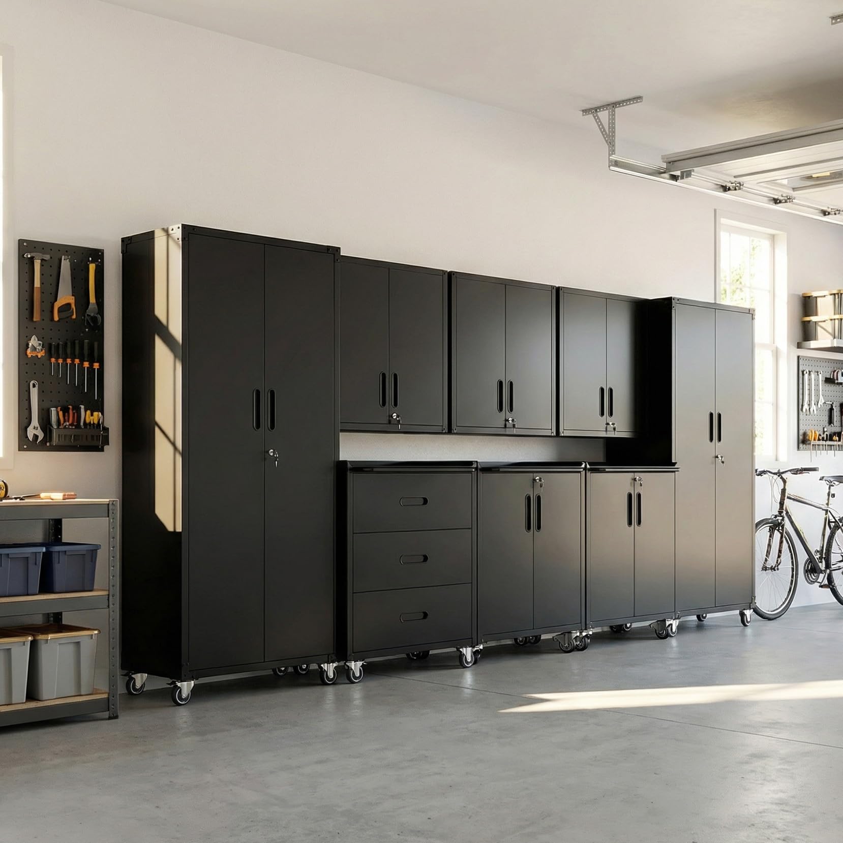 Garage Cabinet System | Heavy Duty Steel All-in-One Modular Garage Cabinet Set for Ultimate Workshop Organization | Easy Assembly Garage Storage Cabinets &amp; Tool Bench