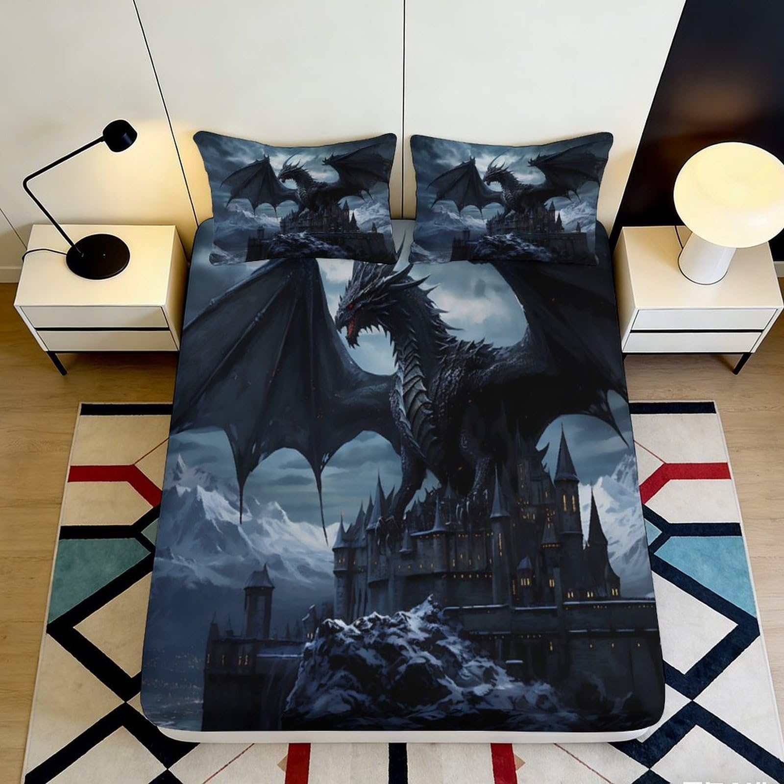 3D Printed Gothic Dragon Fitted Sheet Microfiber Black Castle Bed Cover for Bedroom Guest Room Decor Protection 90x200x25cm