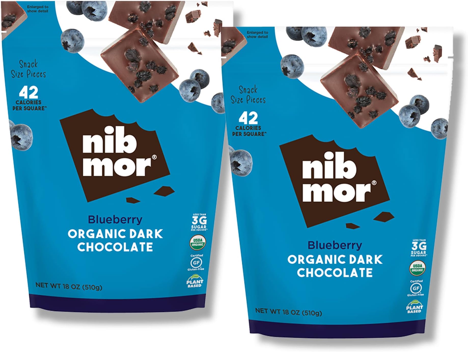 Nib Mor Vegan Dark Chocolate | Blueberry Pieces | Pack of 2-18 Oz Bag | Gluten Free, Organic, Plant Based, Dark Chocolate Snack Squares | 72% Cacao