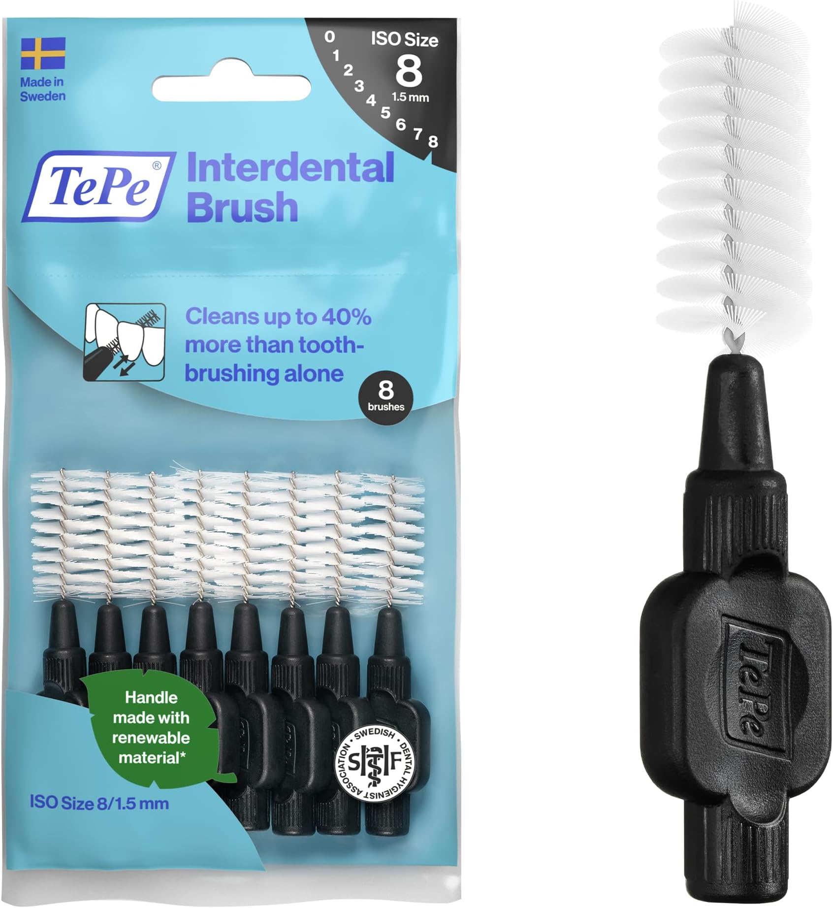 TePe Interdental Brushes | Type: Original | Black | Size 8 (1.5mm) | 1 Pack of 8 Brushes