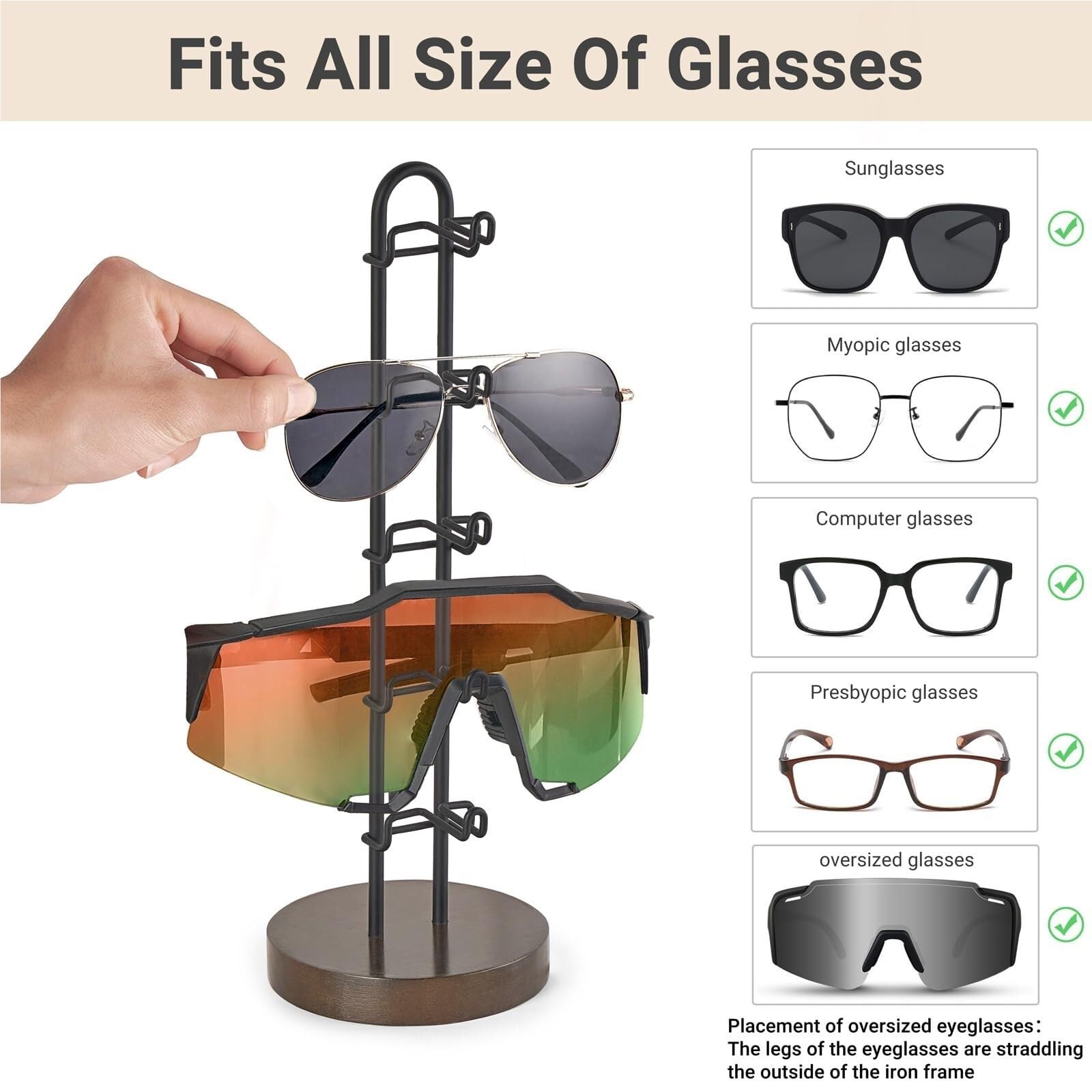 Occhiali Espositore Supporto for Occhiali in Metallo, Portaocchiali da Sole, Portaocchiali con Base in Legno Sunglasses(Black)