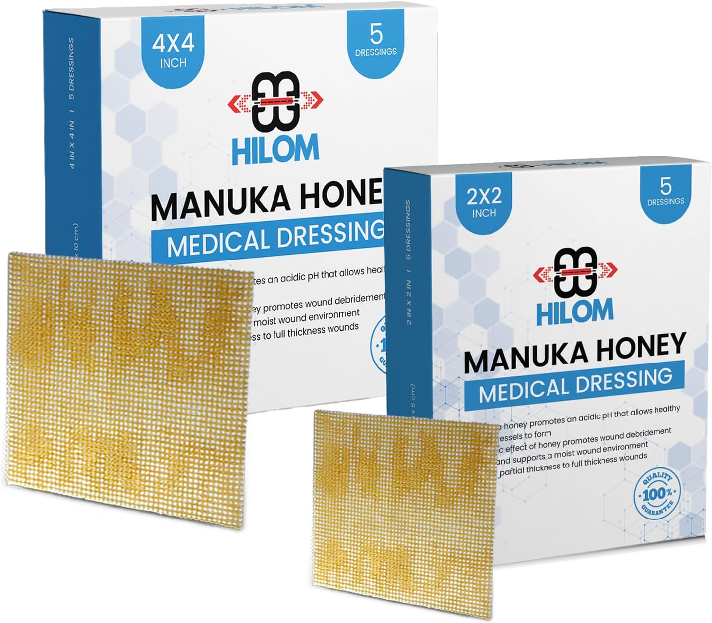 Hilom Medical Grade Manuka Honey Gauze Dressing 2 inch x 2 inch and 4 x 4 inch (5