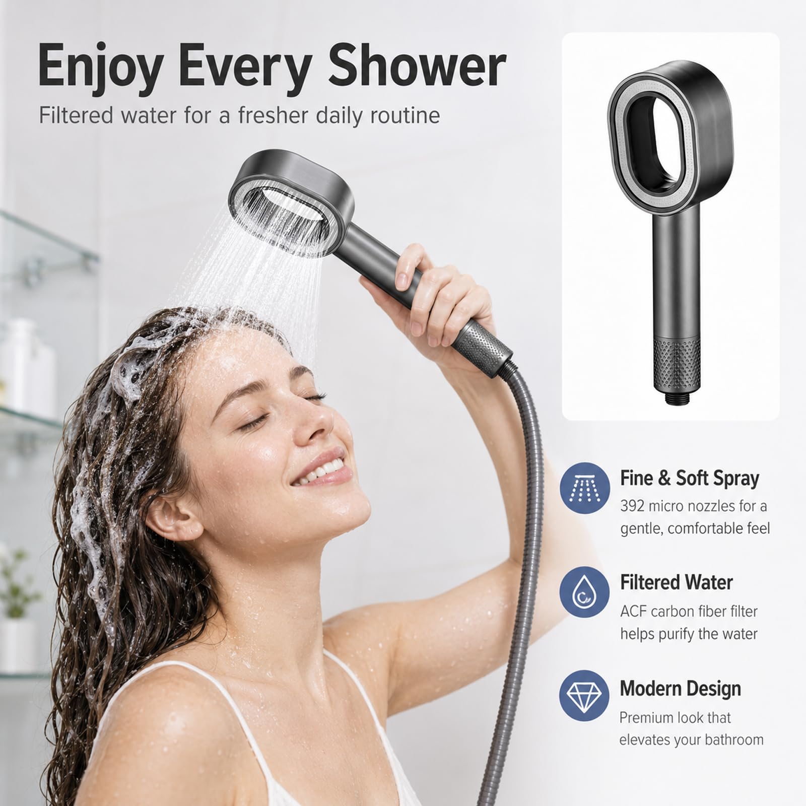 Duschkopf, Duschkopf mit Filter Und Duft, Mehrfachfiltration, Leicht Und Tragbar, Brausekopf Dusche für Die Meisten Standard-Duschschläuche Geeignet (grau)