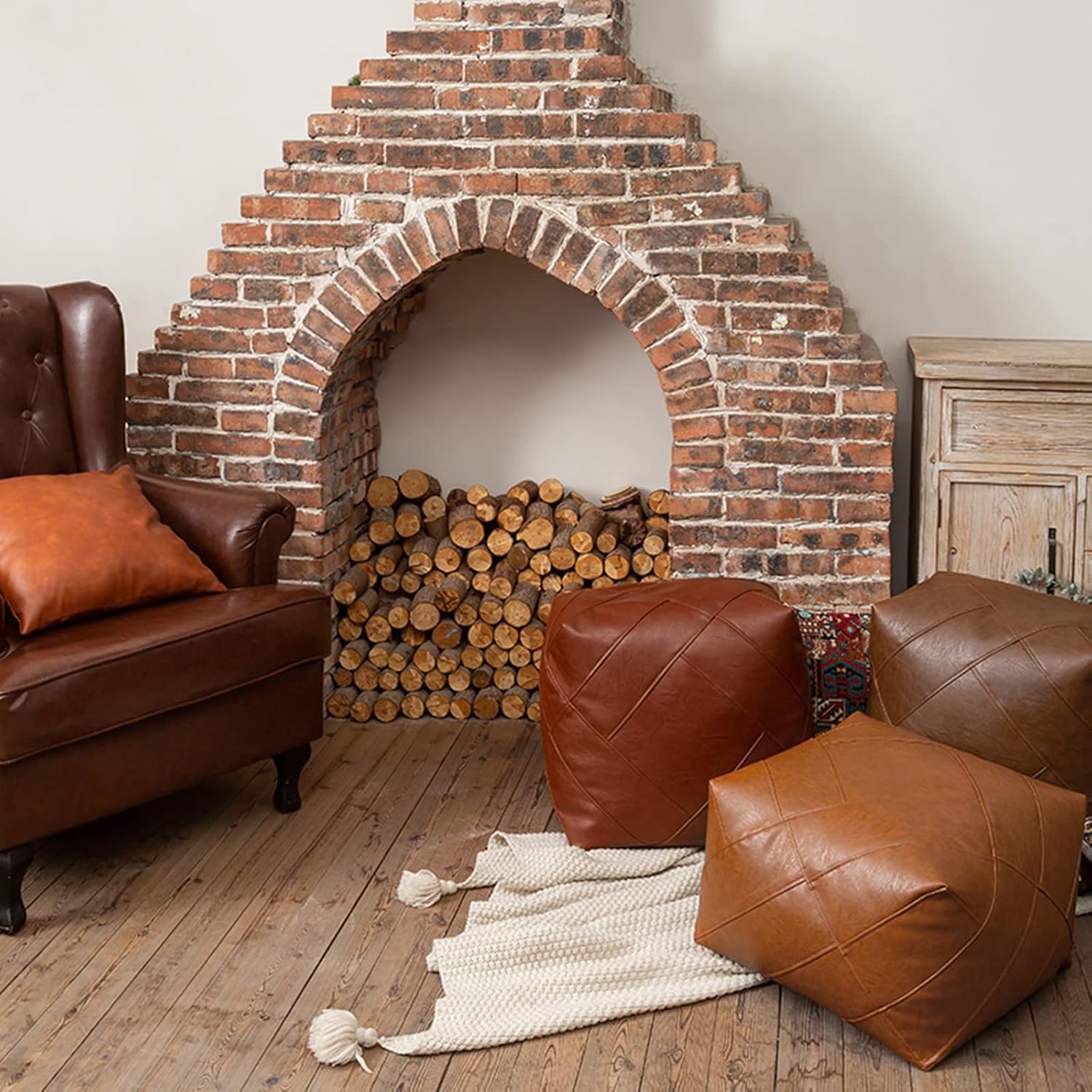 ele ELEOPTION Pouf Cover Foot Stool Ottoman Unstuffed Faux Leather Pouf Ottoman, Storage Floor Cushion Poufs for Living Room, Balcony, Bedroom M Size(Brown)