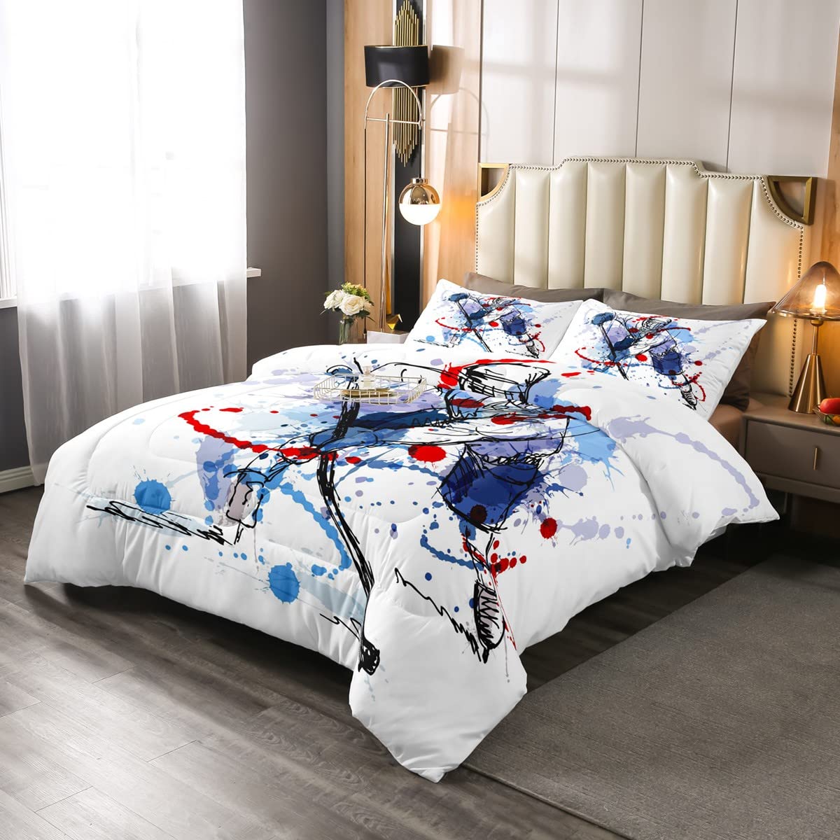 Graffiti Ice Hockey Winter Sport Bedding Set for Kids Boys Girls Graffiti Pattern Ice Hockey Duvet Insert Single Size