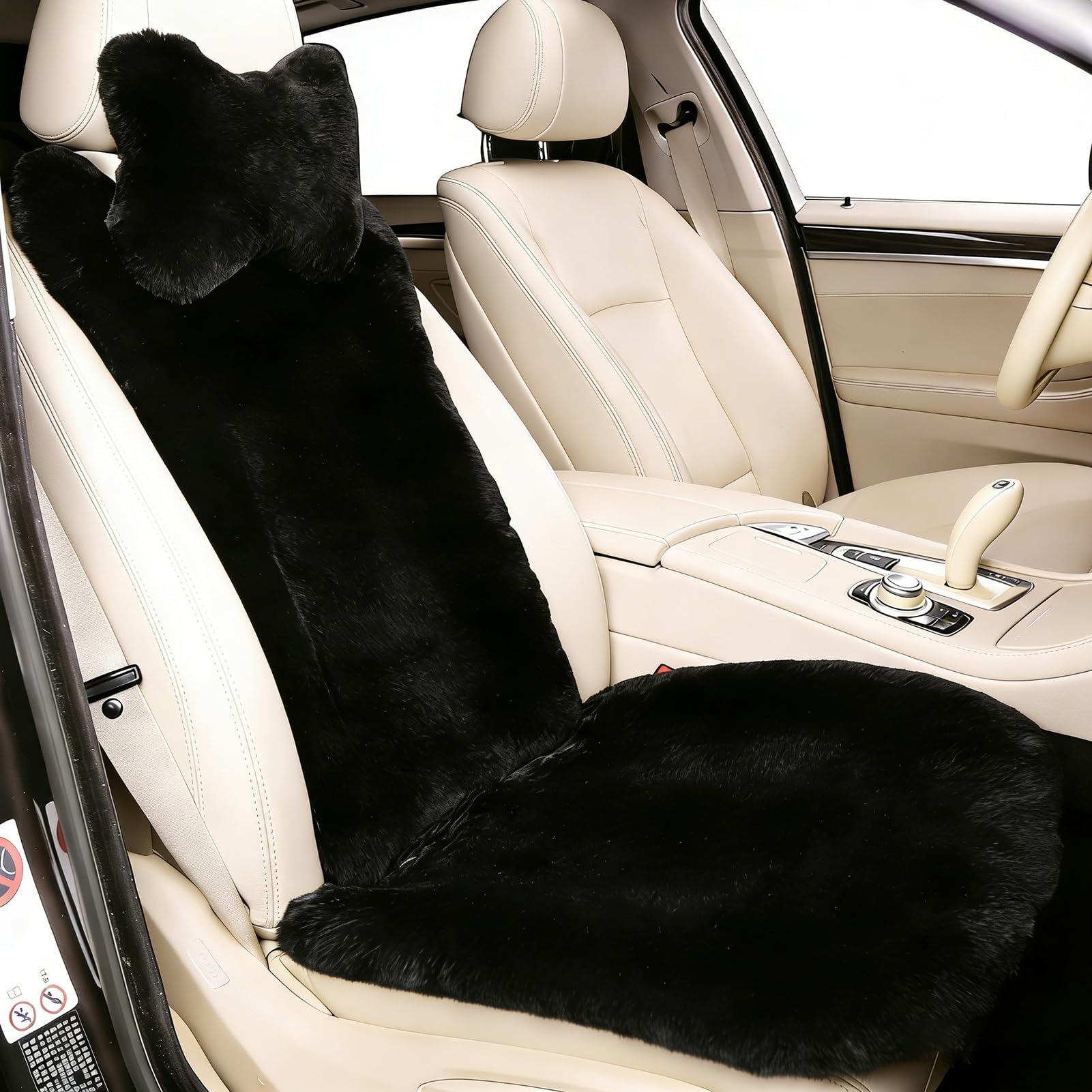 Black Fuzzy Sheepskin Car Seat Covers | Genuine Fur Wool Seat Protectors for Leather Bucket Seat Cushions | Fluffy Warmers for Mercedes, Audi & Luxury Cars | Flush Furry Interior Upgrade