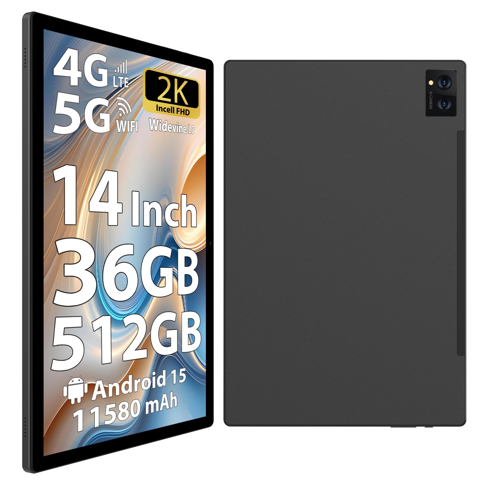 LEVIRTU Android 15 Tablet 14 Pollici 2K FHD, 36GB+512GB/TF 2TB, Octa-Core, 11580mAh, 4-Speaker, 13MP Fotocamera, Grande Tablet con Dual SIM 4G LTE/5G WiFi/GPS/Custodia/Stylu/Auricolare, Nero
