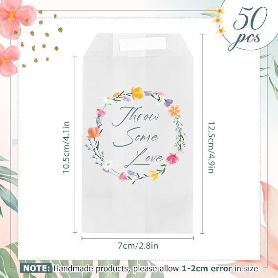 50 Wedding Confetti Bag, Glassine Envelope Party Favour, Flower Style