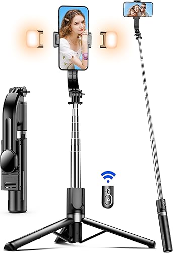 Trípode selfie stick de 45 pulgadas con 2 luces, trípode extensible 5 en 1 para teléfono selfie, palos portátiles para selfie con control remoto
