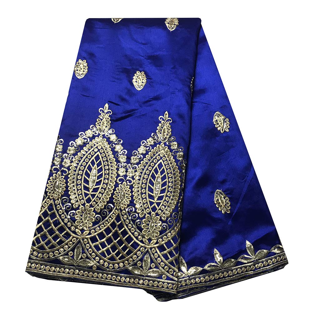 Quality Royal Blue Raw Silk Gold Sequins African George Lace Fabric 100% Cotton Wedding Dress Evening Party 5 Yards