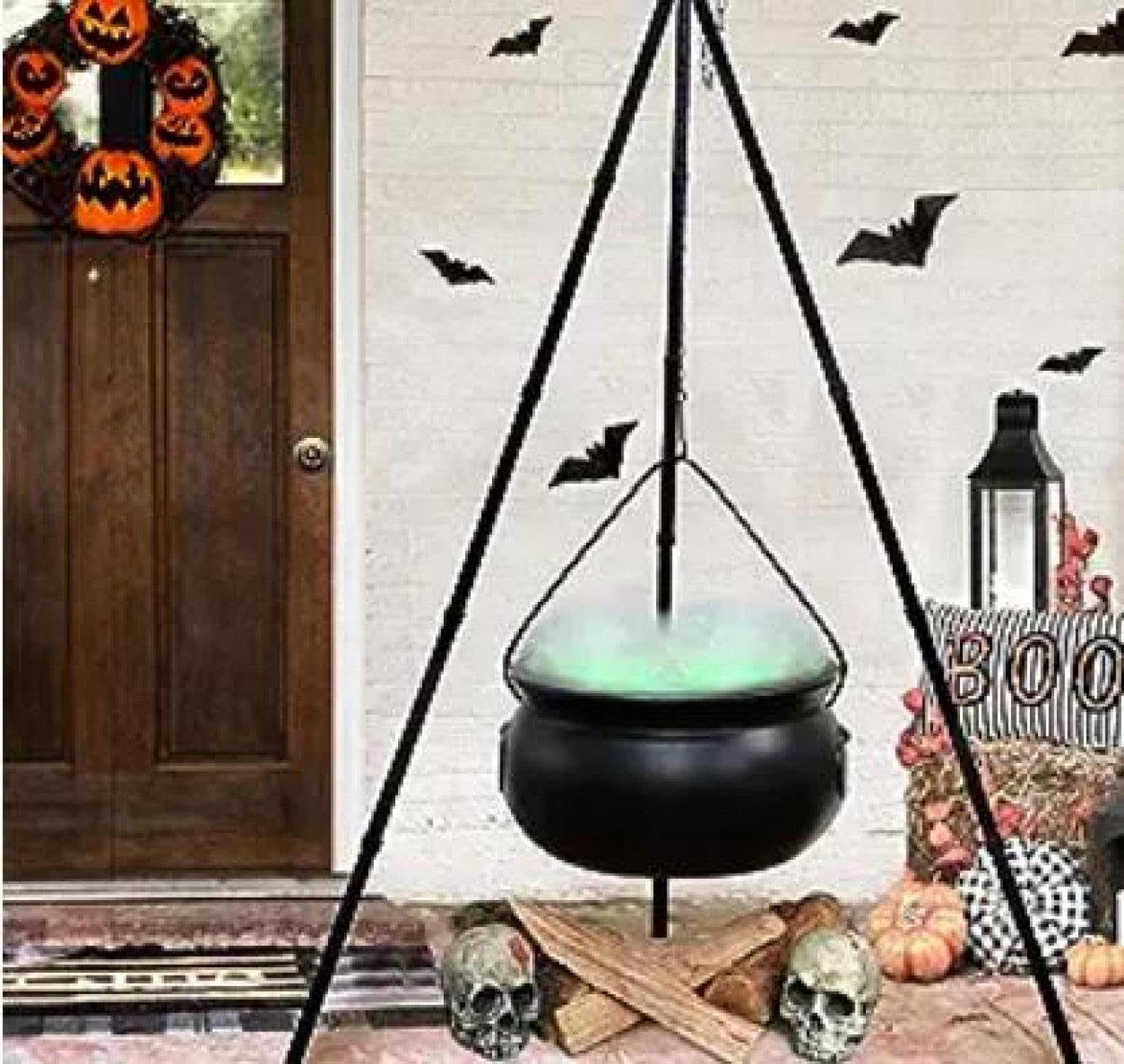 Halloween Witches Cauldron on Tripod with Light, Halloween Decor Outdoor, Black Plastic Bowl Candy Bucket for Home Porch Yard Indoor Outdoor