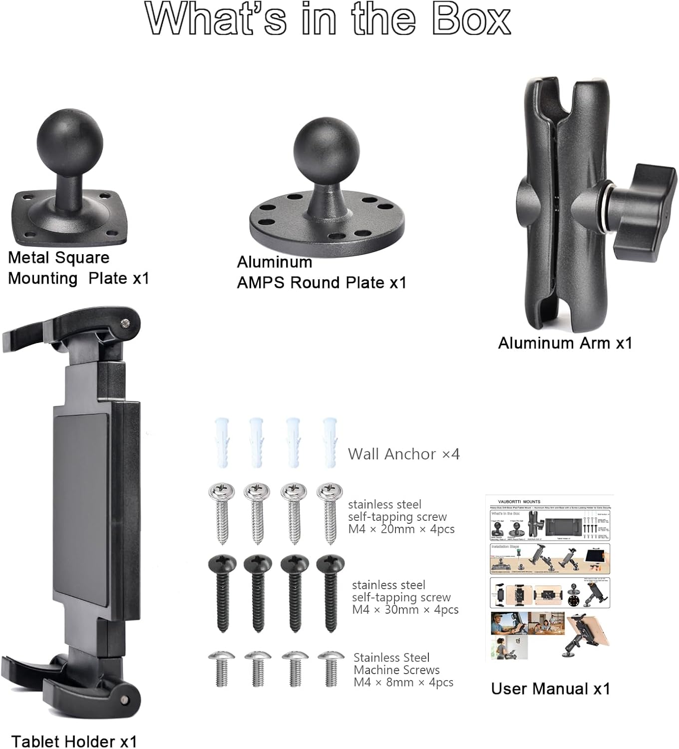 VAUBORTTI Heavy-Duty Tablet Mount, Aluminum Arm, Screw-Locked Holder, Industrial AMPS Base – Fits RAM B Size – Truck, Car, RV Dash, Desk, Wall Mount – 7–12.9" iPad Pro, Air, Mini, Galaxy Tab Holder