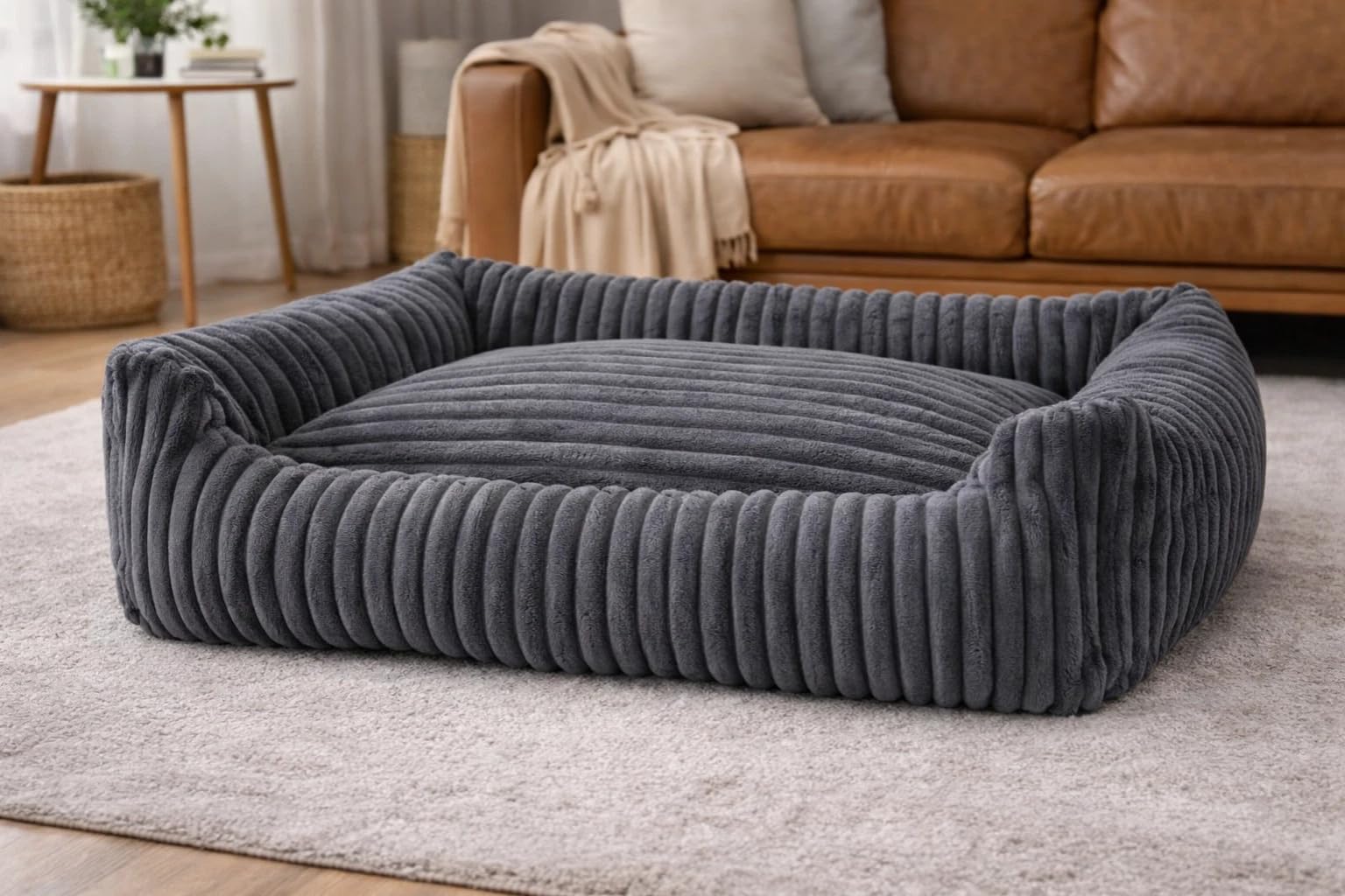 Odolplusz waschbares Hundebett 95x75cm Hundekissen aus Cord – Weiches Katzenbett rutschfest – Hundesofa in dunkelgrau für mittlere Hunde – Formstabile Hundematratze flauschig mit Rand