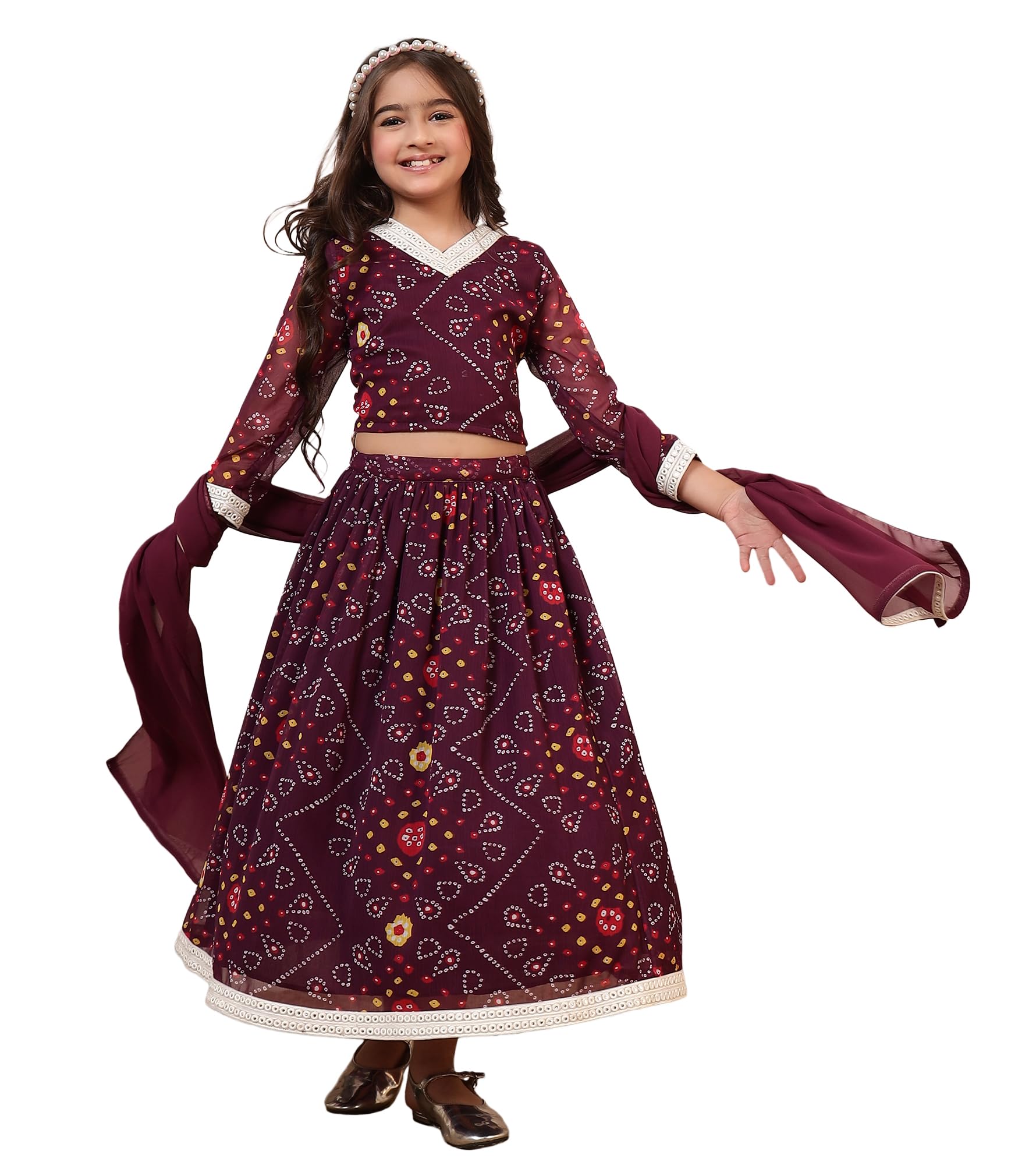 Bugandbees Bandhani Chiffon Top & Skirt With Dupatta|V Neck Full Sleeves Fusion Wear Flare d Co-Ord Set for 3 Years to 13 Years Kids|Festive Casual Wear Latest Collection (BBCO00000358_3-4Y_Wine)