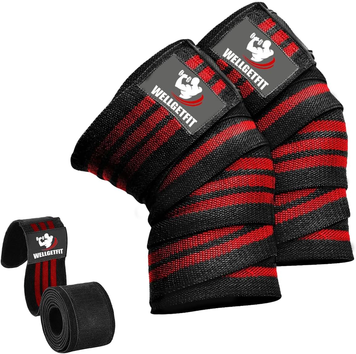 – WellGetFit® Knee Wraps (Pair) for Men & Women – 72" Compression & Elastic Support Knee Straps for Weightlifting, Powerlifting, Cross Training, Fitness, Squats, Gym Workouts & WODs (Red)