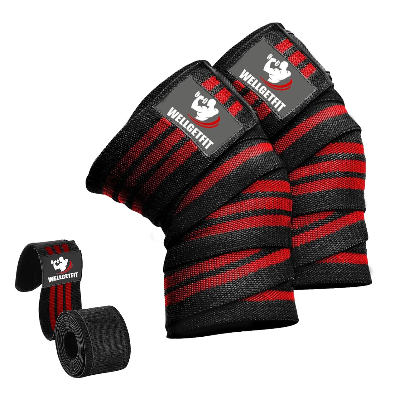 – WellGetFit® Knee Wraps (Pair) for Men & Women – 72" Compression & Elastic Support Knee Straps for Weightlifting, Powerlifting, Cross Training, Fitness, Squats, Gym Workouts & WODs (Red)