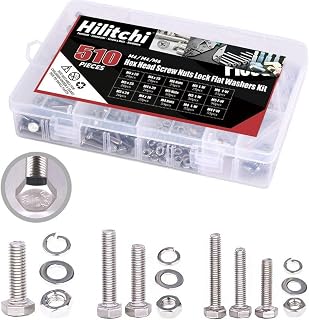 Hilitchi 510Pcs M4 / 5/6 Stainless Steel Metric Hex Head Cap Nuts Screw with Lock and Flat Washers Assortment Kit