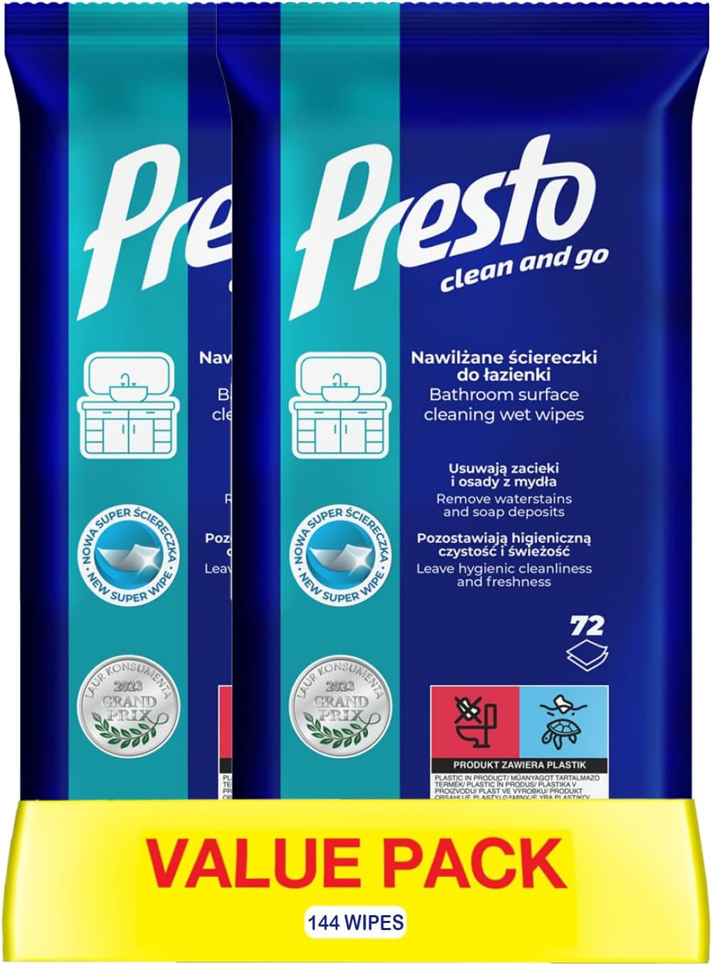 Wet Wipes for Bathrooms | Power Fresh Formula | Removes Water Stains & Soap Deposits | Hygienic Cleanliness and Freshness | 72 Wipes (Pack of 2, 144 Wipes)