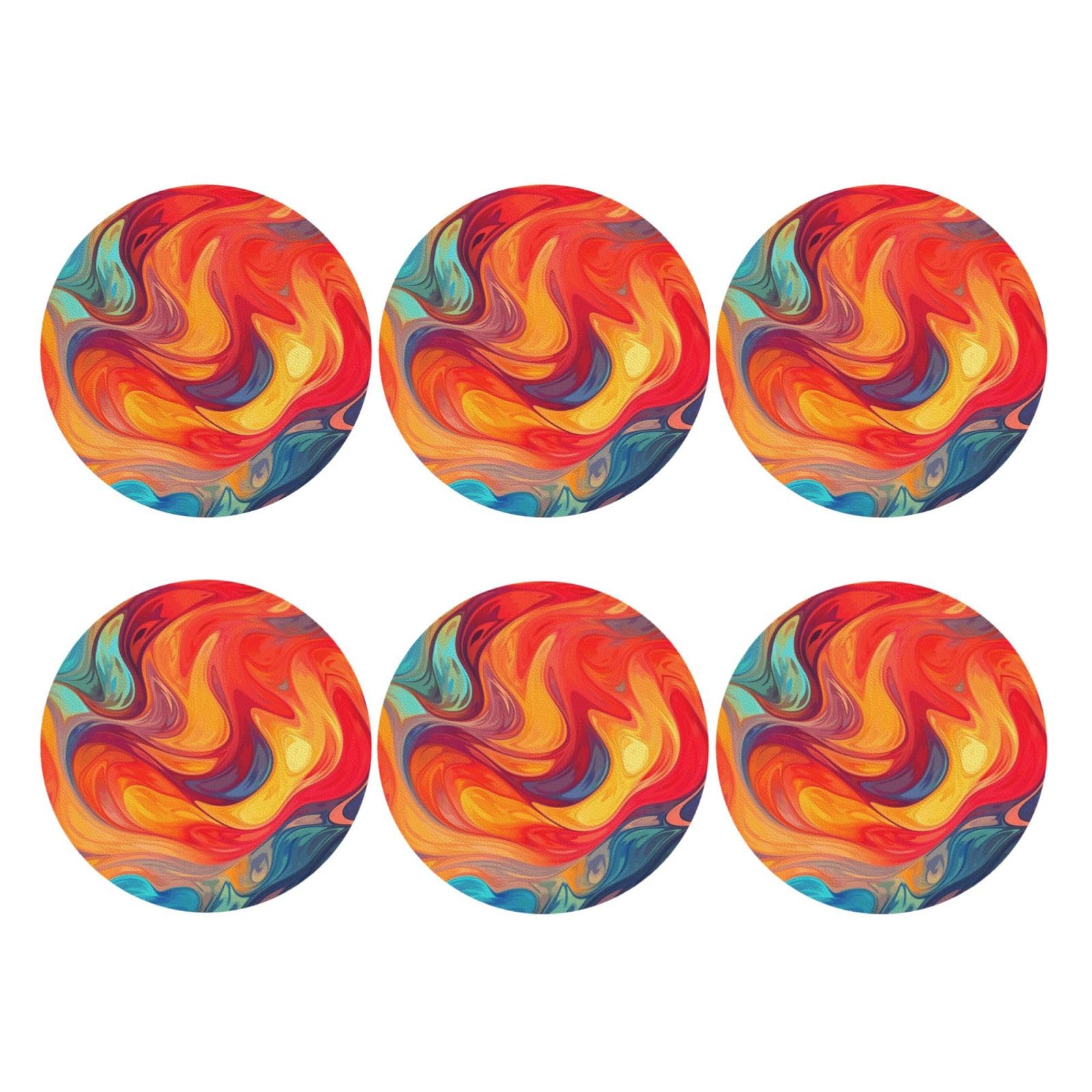 6Pcs PU Leather Coaster for Drinks, Artistic Effect Colorful Cup Coastersr 4" Cup Mat Pad, Aesthetic Drink Coasters for Coffee Table, Round Shape Coaster for Tabletop Protection