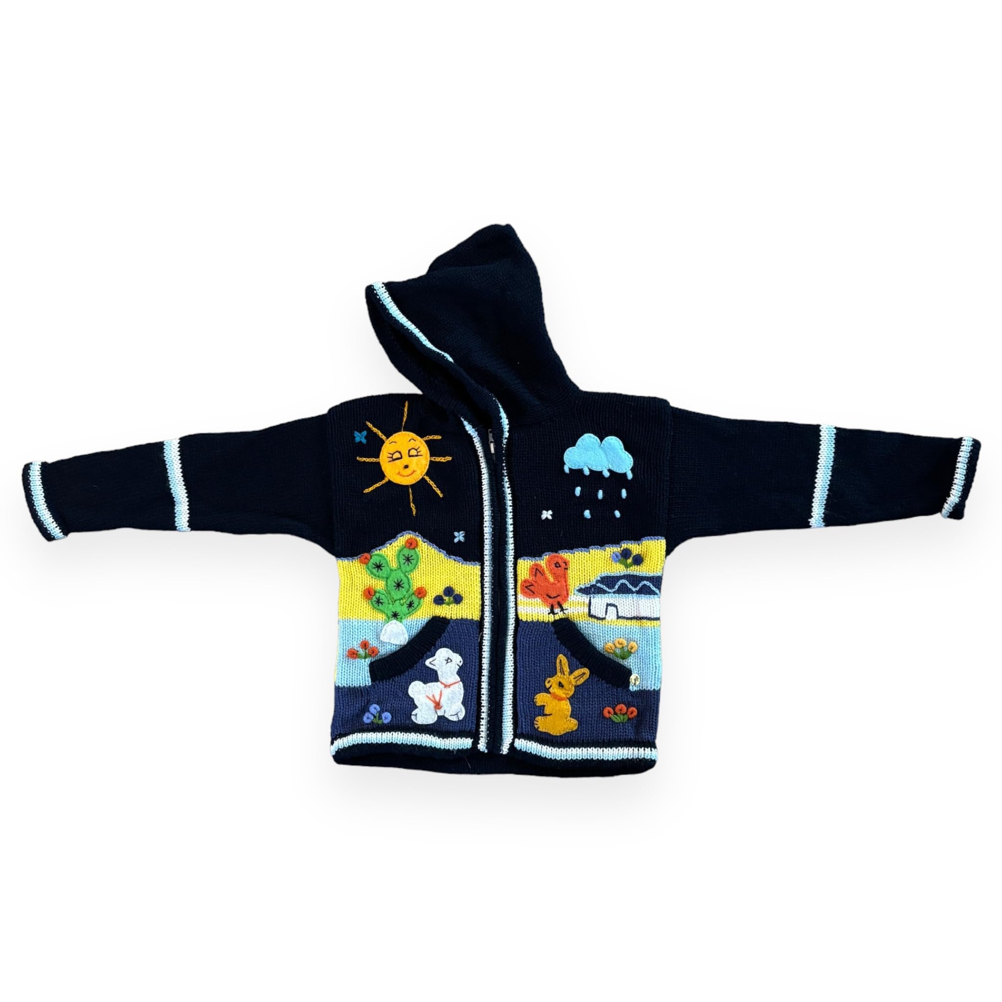 Peruvian Wool Knitted Sweater with hoodie for babies & toddlers, Unisex, Chompas Peruanas, fall winter sweater, colorful jacket for kids (6, Navy Blue)