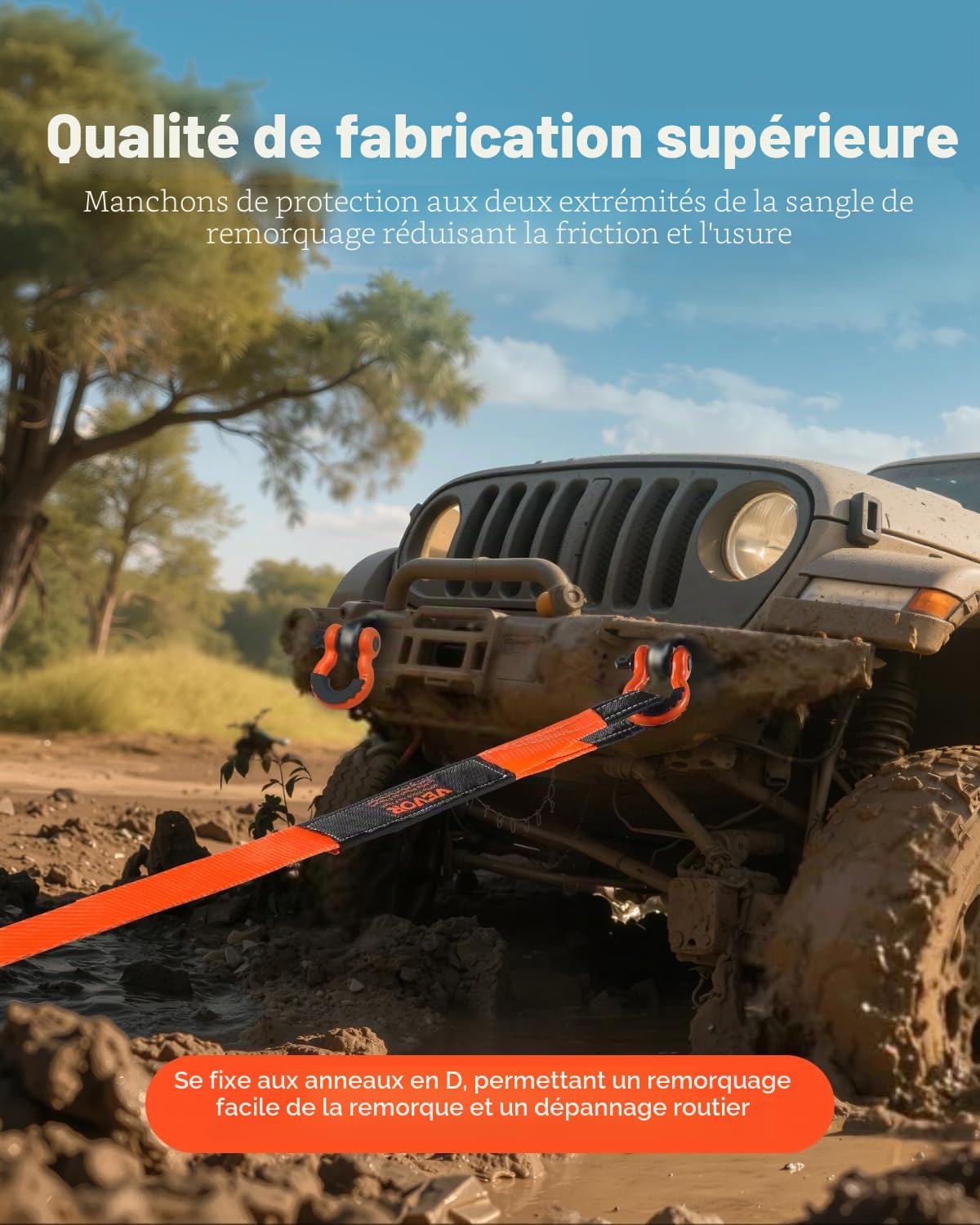 VEVOR Sangle de Remorquage Récupération Cinétique, 76,2 mm x 6,1 m, Résistance à la Rupture 16329 kg, avec Manchons de Protection, Sac de Rangement, Manilles à Anneau D 19 mm, pour Camions, SUV, VTT
