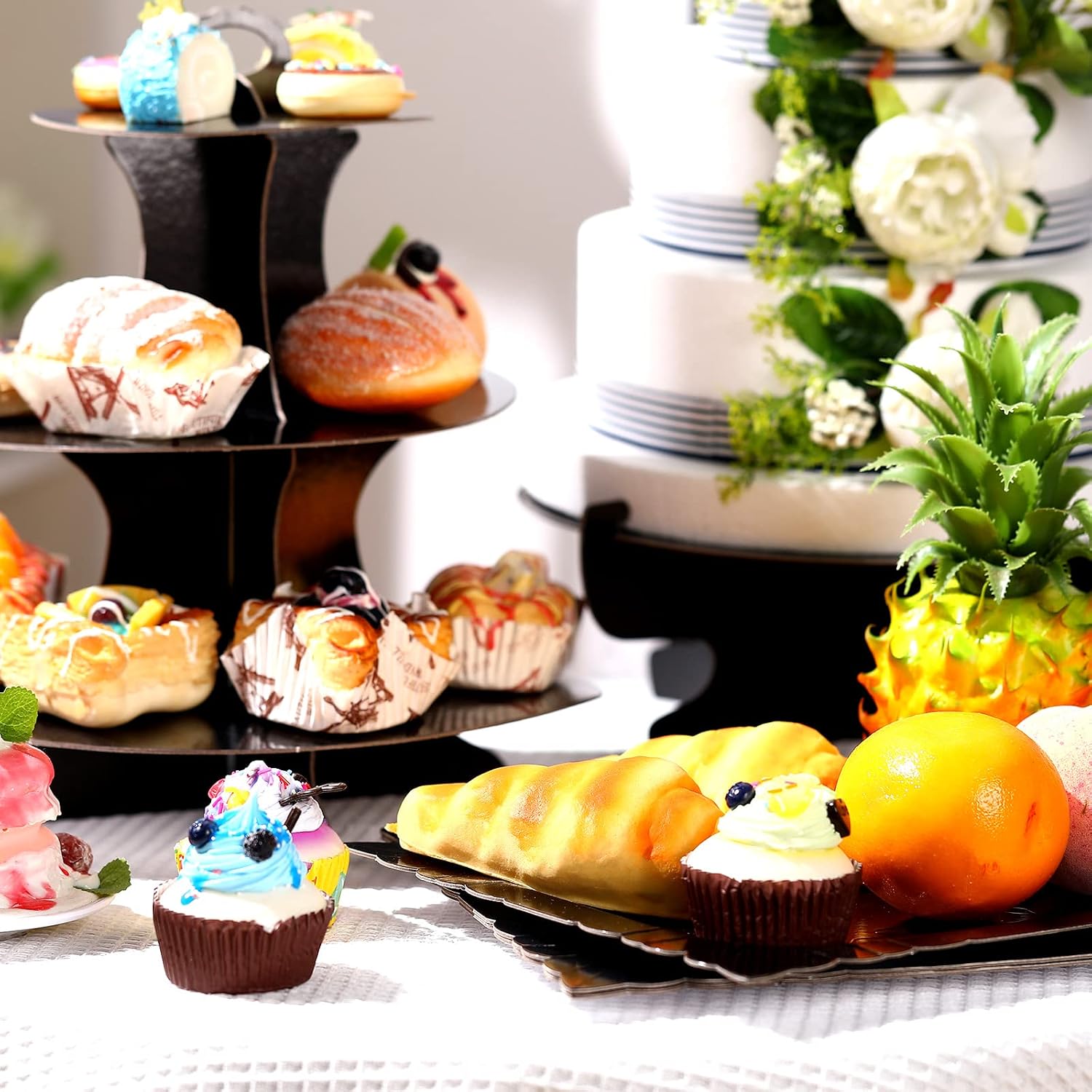 Zopeal 7 Pcs Dessert Table Display Set 3-Tier Cupcake Stand 1-Tier Cup Cake Display Tower Platters and Serving Trays Cardboard Cake Cookie Holders for Wedding Birthday Party Baby Shower(Black) image 3