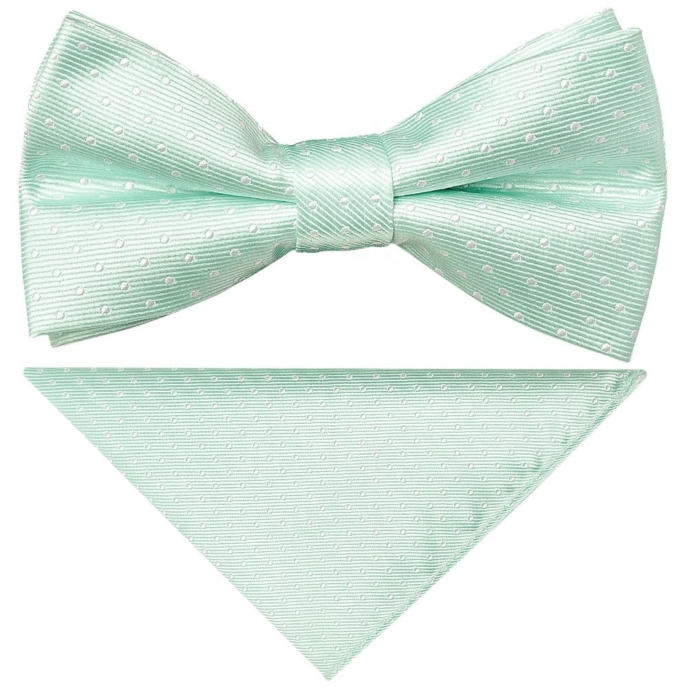 TIES R US Pre Tied Mint and White Polka Dot Boys Bow Tie and Pocket Square Set Age 4-7