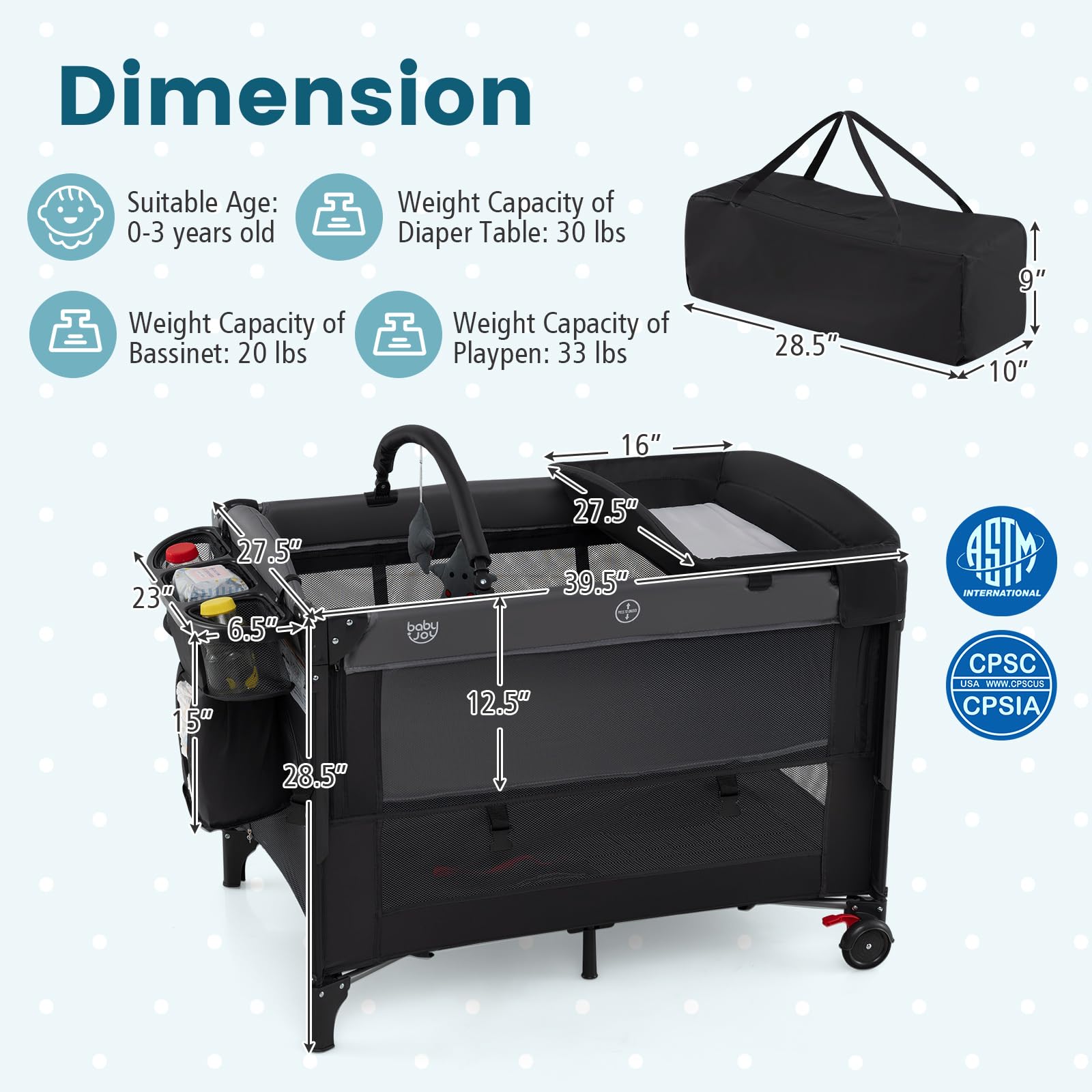 BABY JOY 5-in-1 Pack and Play with Canopy, 4 Adjustable Heights Baby Bedside Sleeper w/Bassinet, U-Shaped Diaper Changer, Safety Strap, Side Zipper, Portable Bedside Playard from Newborn to Toddlers