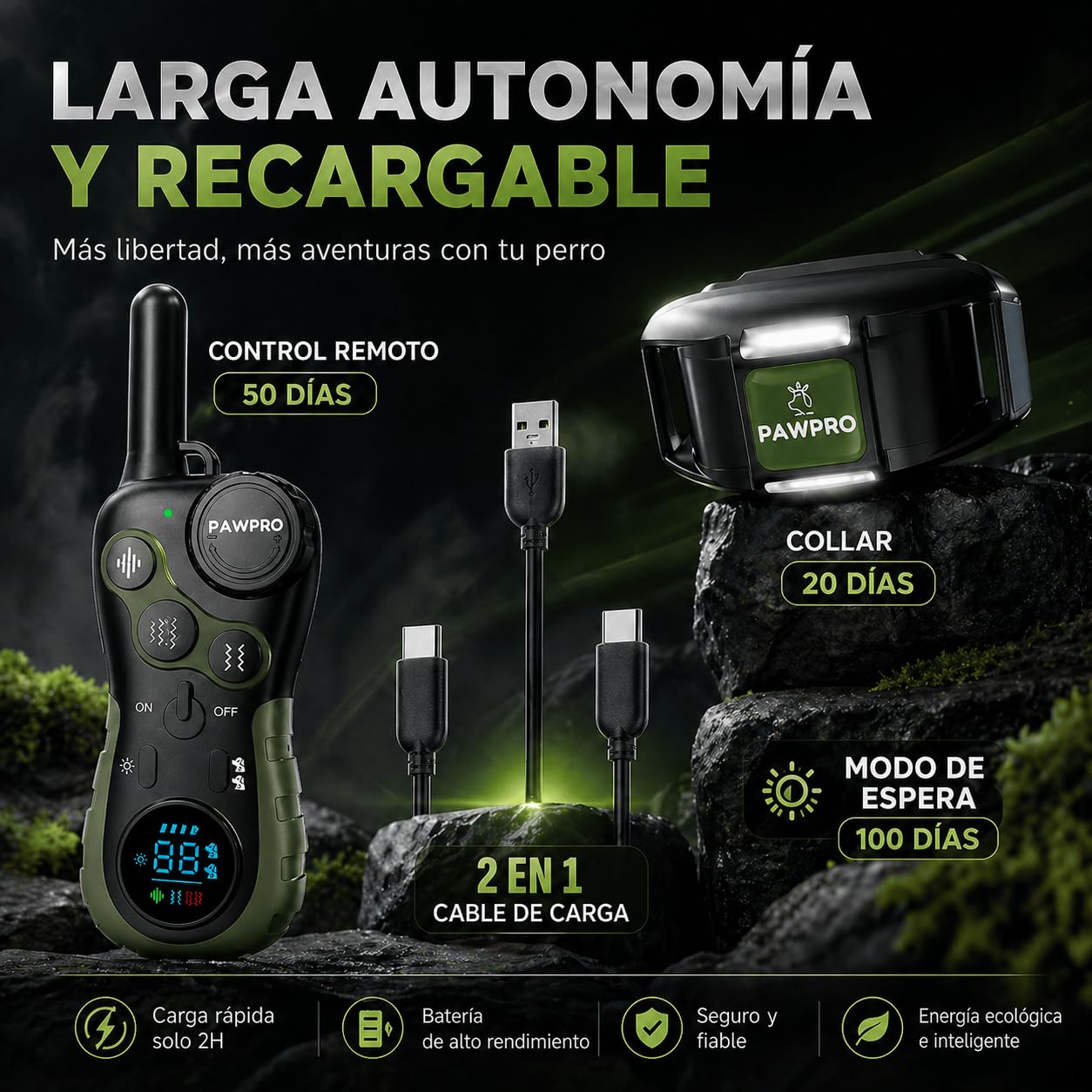 PAWPRO Collar de Adiestramiento, Conforme Nueva Ley Española de Bienestar Animal, Alcance XXL 3 km, Modo Luz Nocturna, BIP Vibración Boost, Apto para Todos los Perros, Resistente al Agua (1 Collar)
