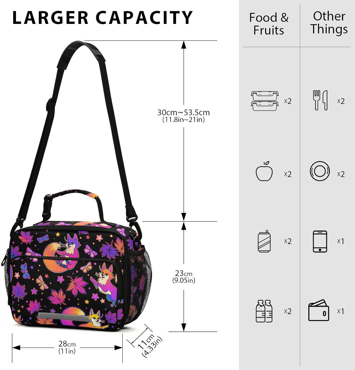 Psychedelic Fox Cat Lunch Box for Girls Purple Insulated Lunch Bag Kids Boys Cooler Tote Shoulder Strap Reusable School Travel Picnic