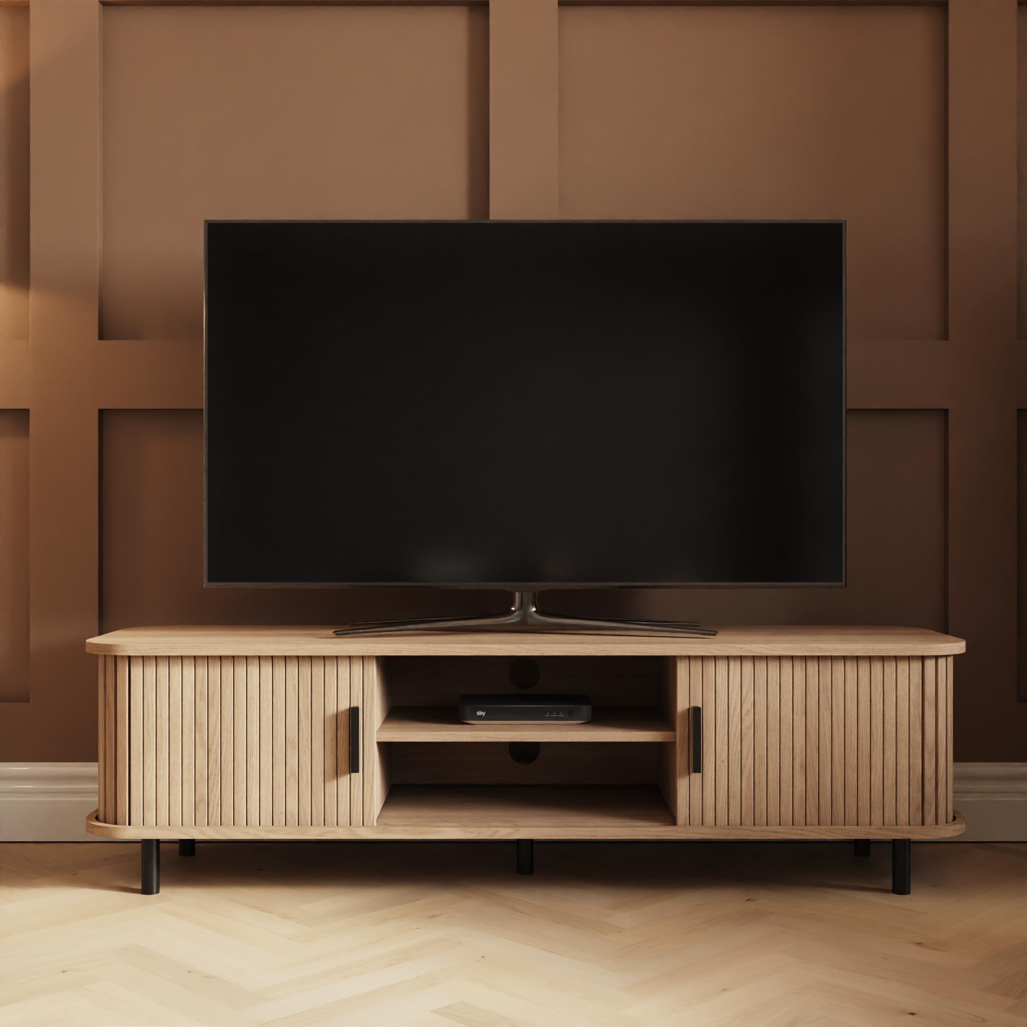 GFW Omari TV Unit with Slatted Doors & Open Shelving, Oak Effect Entertainment Stand with Metal Legs for Living Room