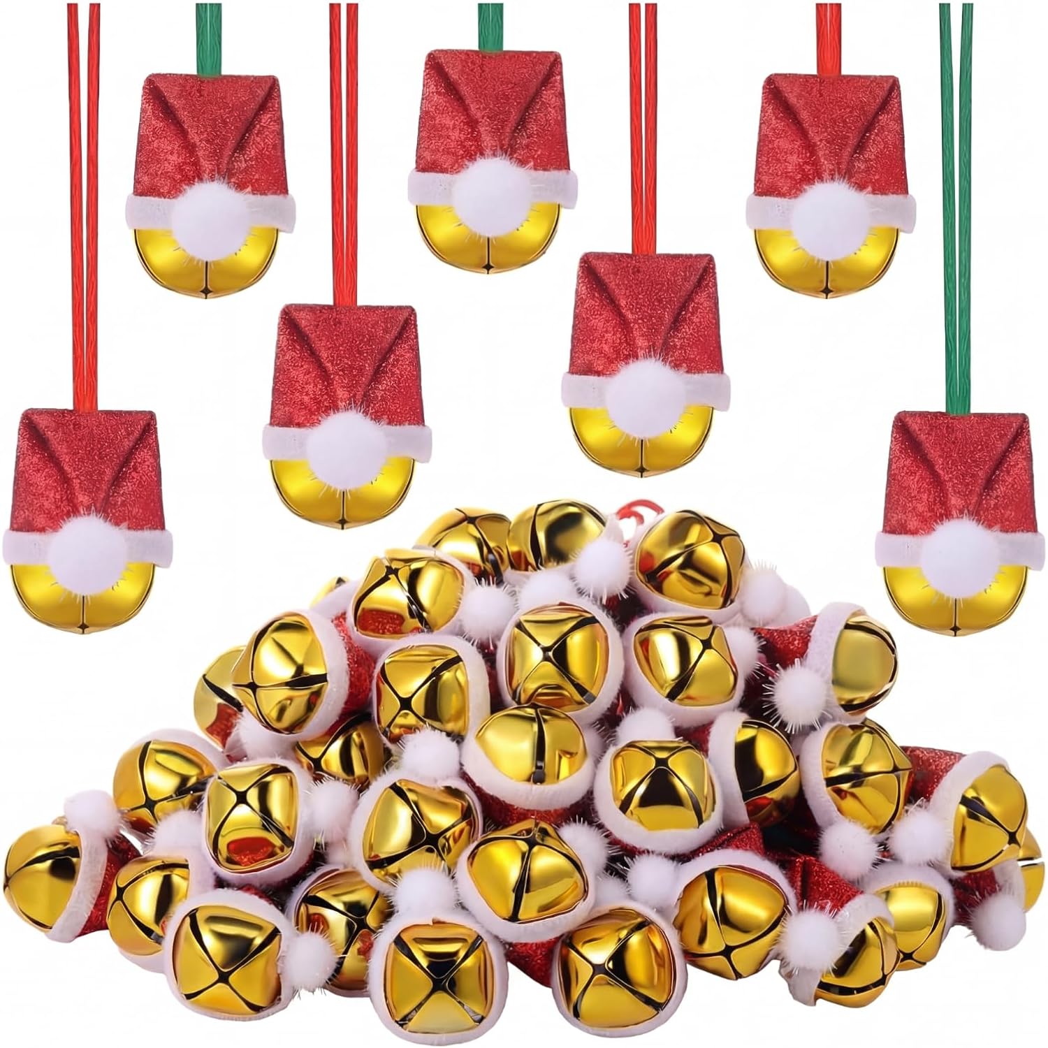 Sumind 48 Pcs Christmas Jingle Bell Necklaces Santa Hat Christmas Holiday Necklaces with Red and Green Rope Large Bell Necklace for Xmas Craft Gift Supplies Stocking Stuffers Accessories