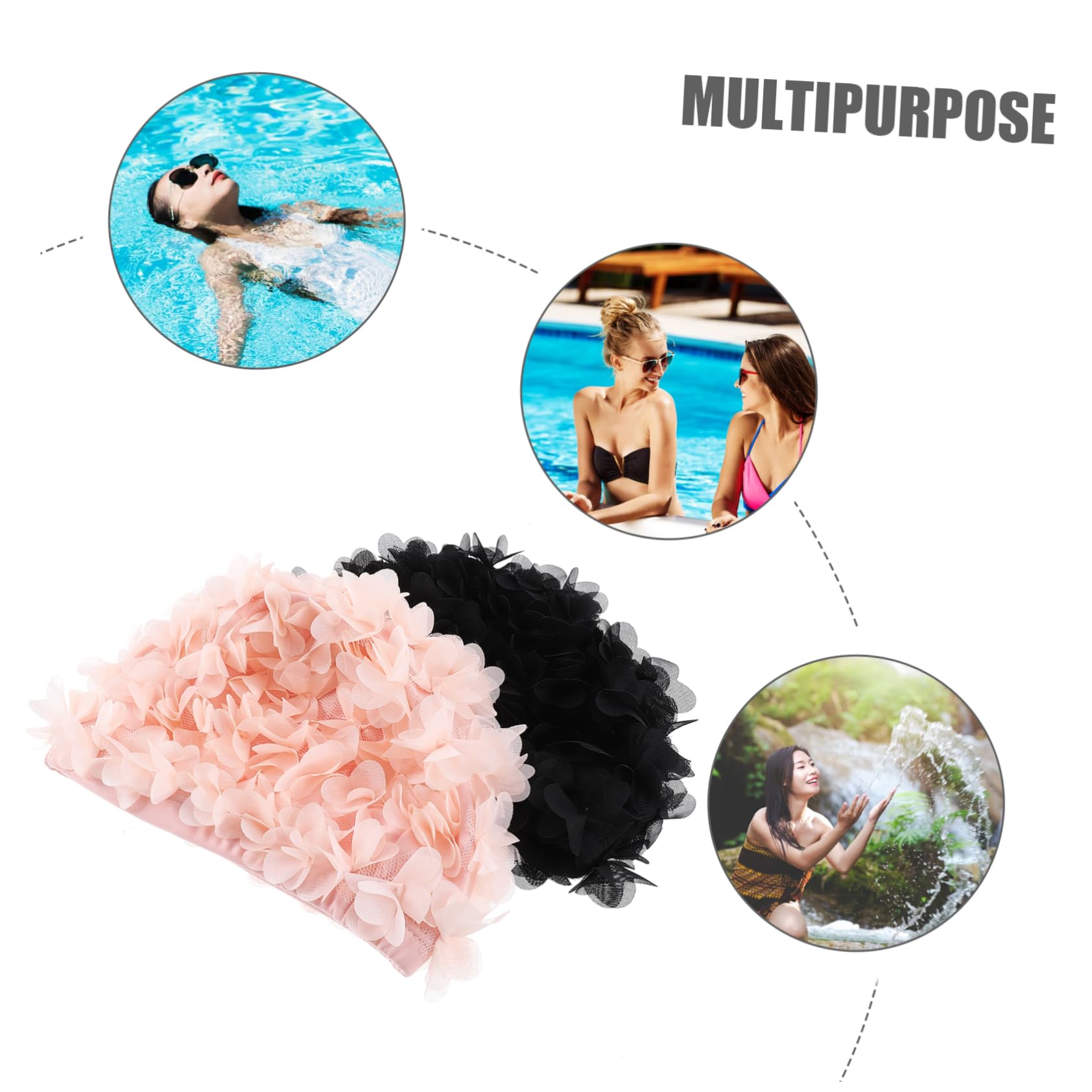 Cuffie da Nuoto Elastiche Floreali 2 Pezzi in Nylon Rosa Nero | Cuffie da Nuoto per Donne, Stile Leggero e Flessibile, Atmosfera Estiva