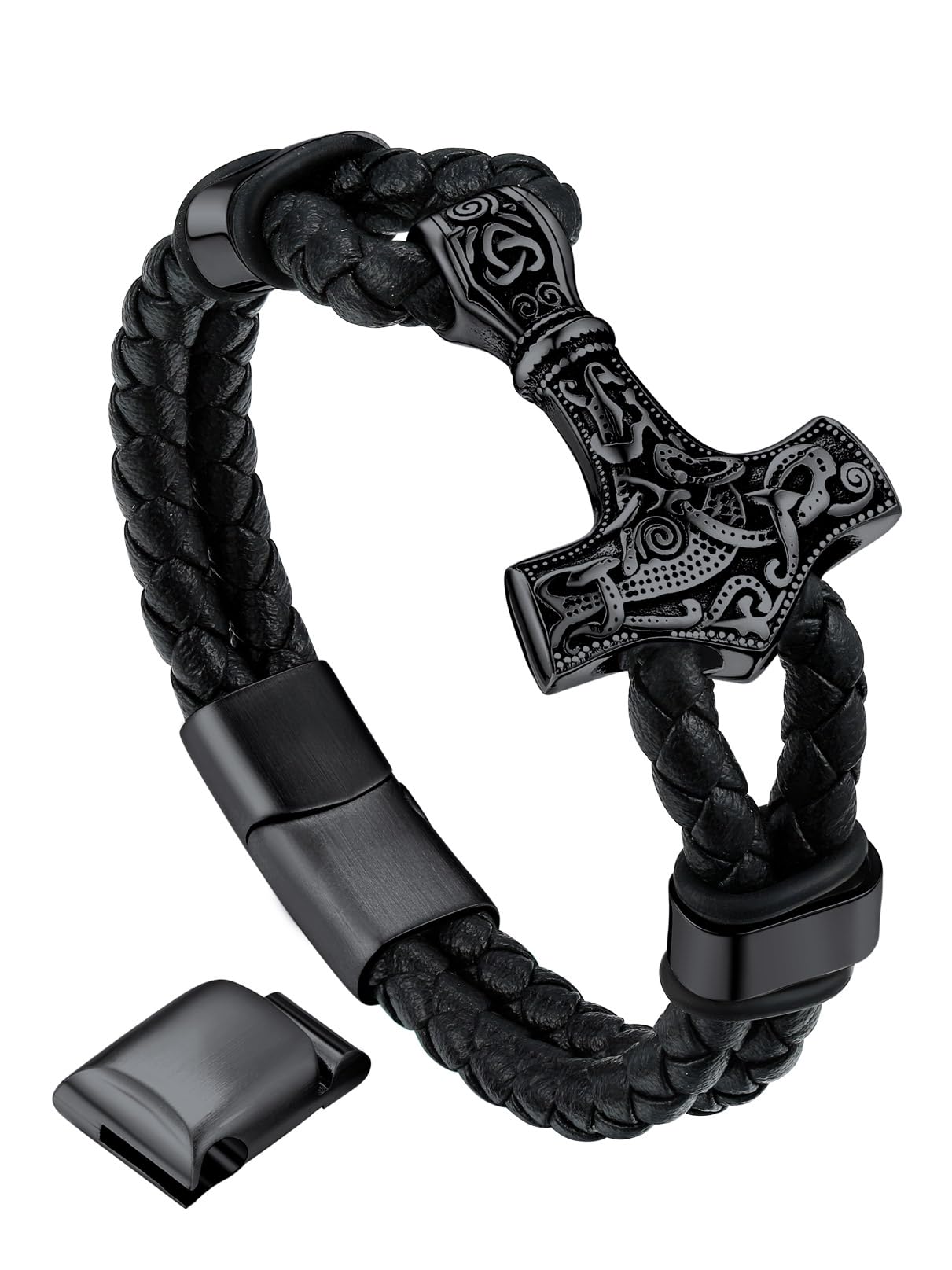 Mjölnir Armband voor heren, van leer met Thors hamer van roestvrij