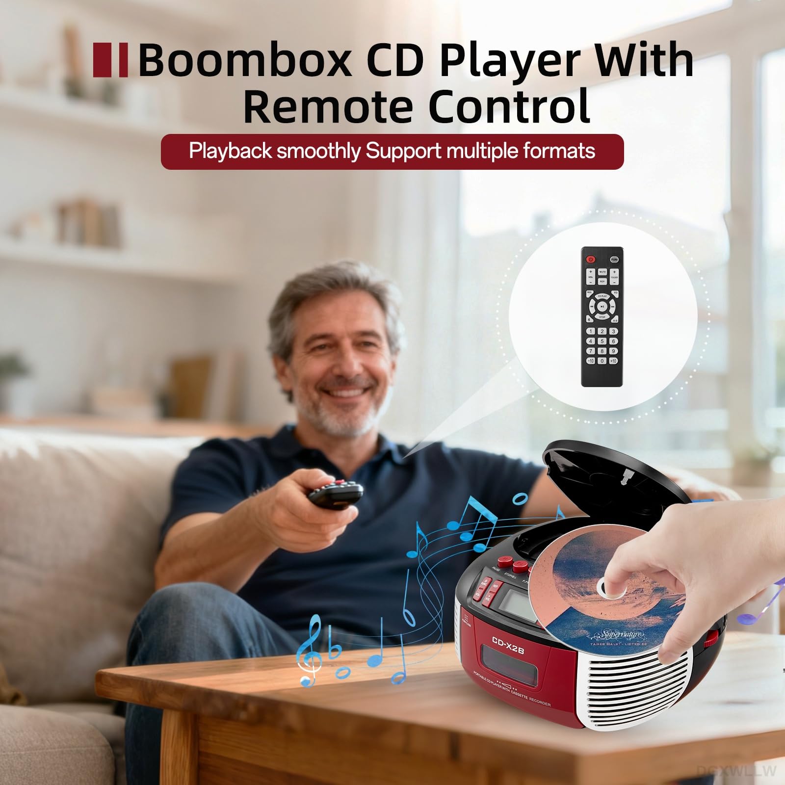 Boombox odtwarzacz kasetowy CD z radiem AM FM, Bluetooth, odtwarzanie płyt CD, pilot zdalnego sterowania, port USB, wejście AUX i gniazdo słuchawkowe, nagrywanie taśmowe, dźwięk stereo