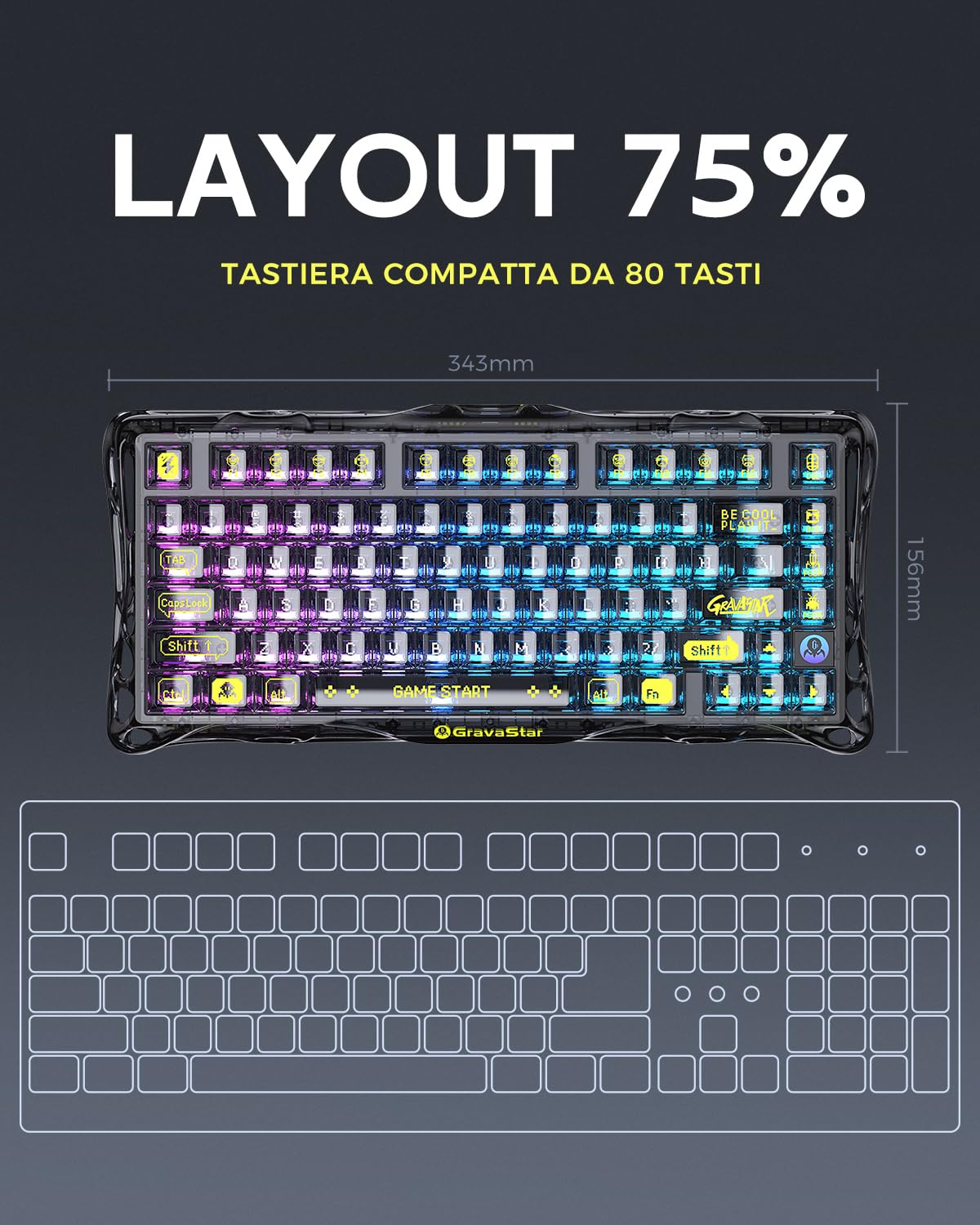 GravaStar Mercury K1 Lite Tastiera Meccanica da Gioco con BT5.0/2.4G/USB-C, Gasket Hot Swappable Wireless Gaming Keyboard con Retroilluminazione RGB, 75% Layout QWERTY Tastiera senza fili per Win/Mac