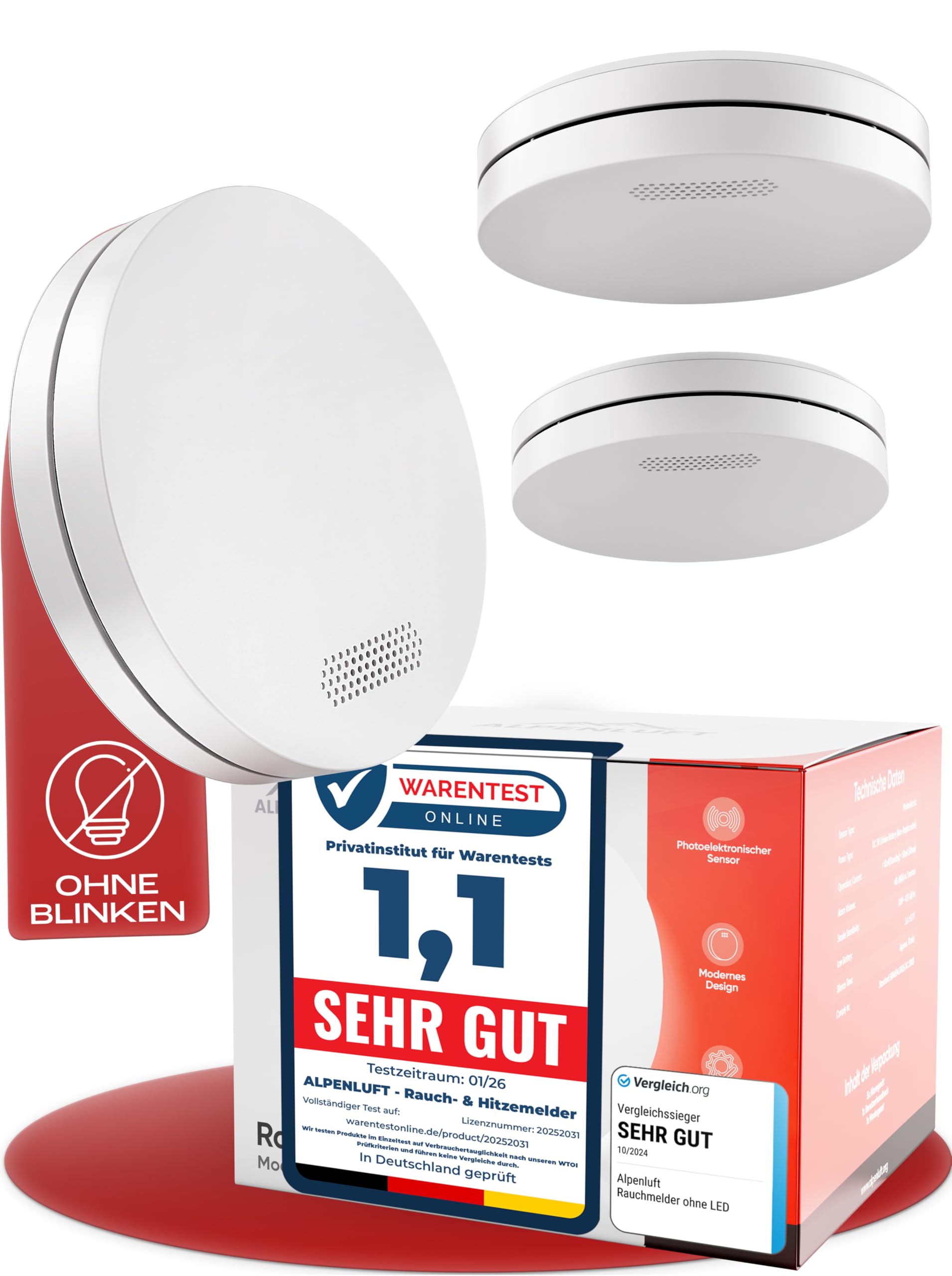 ALPENLUFT Rauchmelder 10 Jahre Batterie, Feuermelder Flach, Rauchwarnmelder, Brandmelder, | Ohne Bohren, Ohne LED Blinken - Rauch Brandschutz Brandmeldeanlage 3er Set