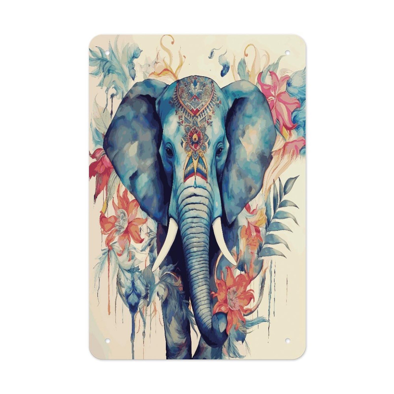 LDGSUPH Peacock Feathers Elephant Wall Art Prints Folded Edge Iron Sheet Painting with Holes for Wall Prints Decorative Picture Metal Signboard Decor Painting for Outdoor Indoor Wall Decor