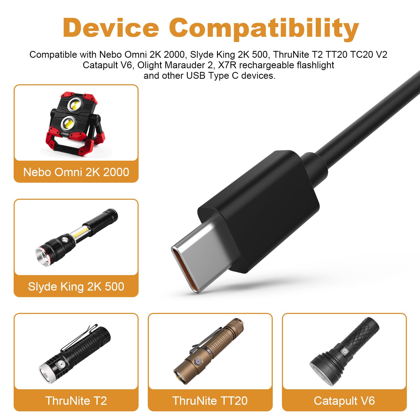 Nebo Omni 2K 2000 Charging Cable USB Type C Flashlight Charger Cord Compatible with Slyde King 2K 500, ThruNite T2 TT20 TC20 V2 Catapult V6, Olight Marauder 2, X7R Rechargeable Flashlight
